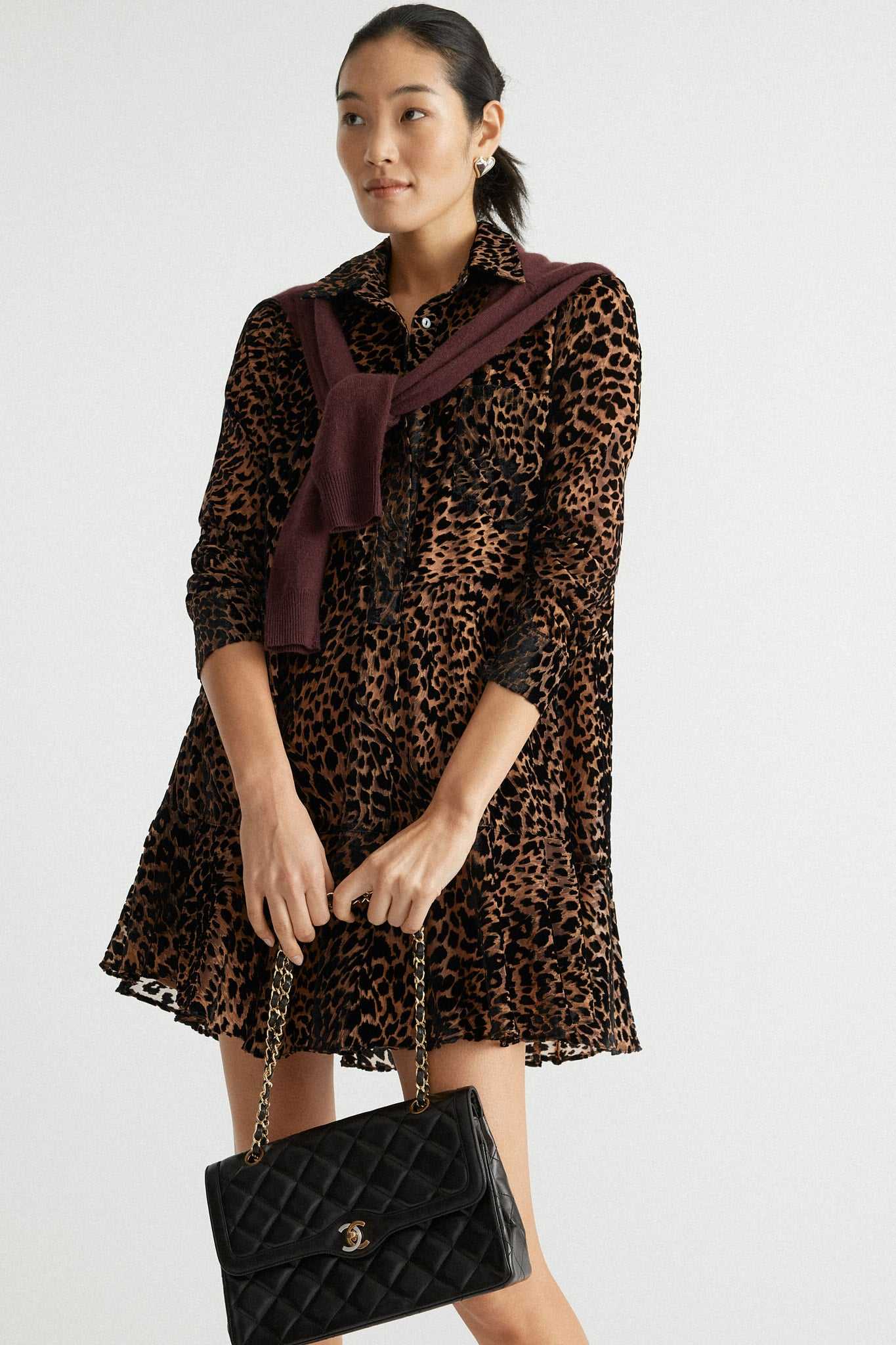 Brown Leopard Print Long Sleeve Shirt Dress