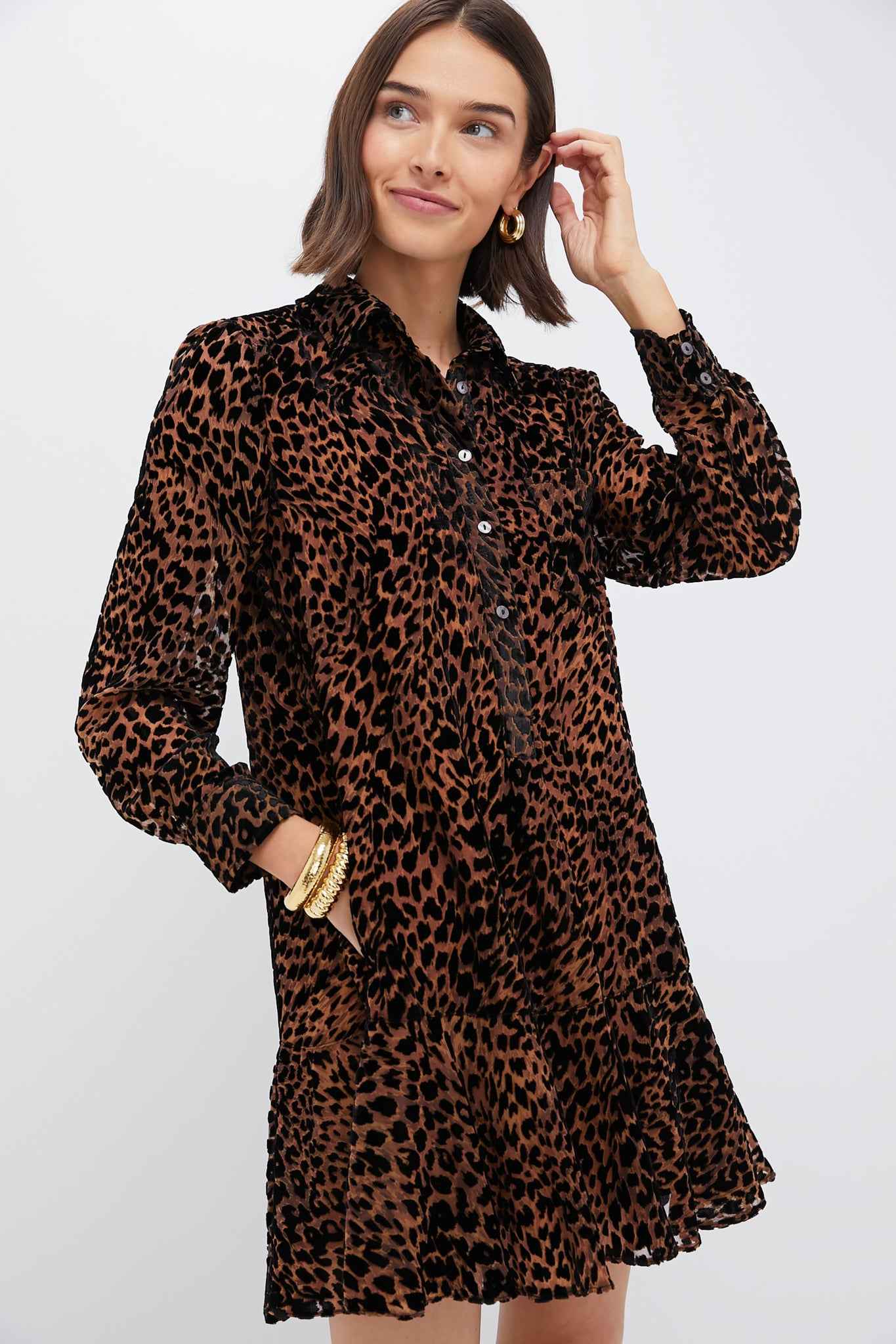 Brown Leopard Print Long Sleeve Shirt Dress