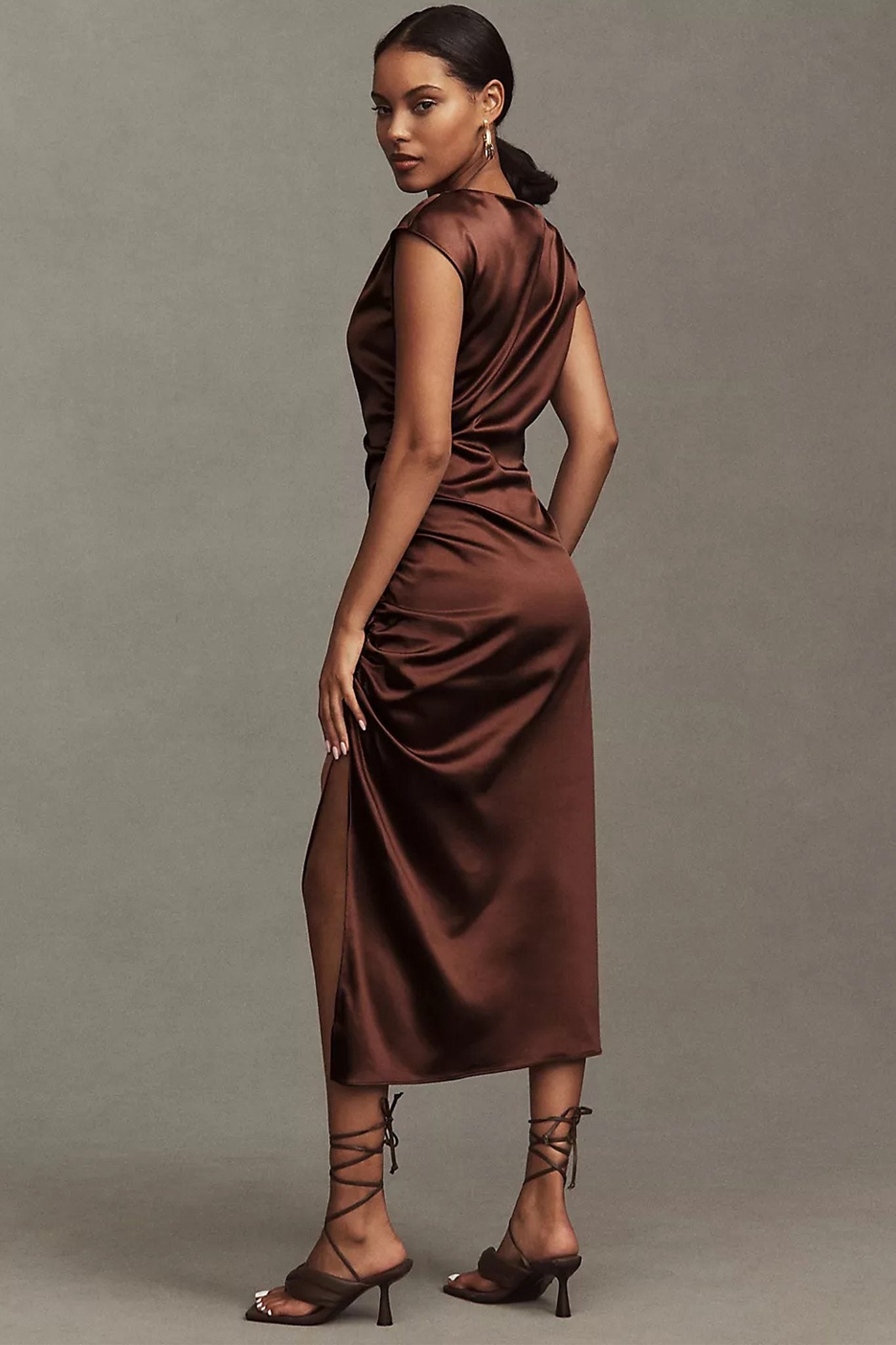 High-Neck Stretch Sleeveless Satin Midi Slip Dress