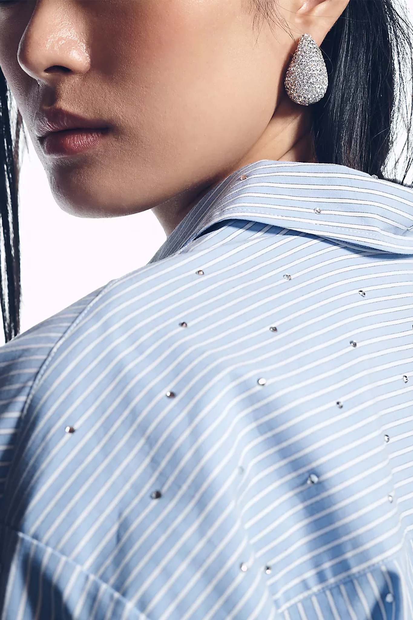 Oversized Striped Button Down Shirt With Dazzling Crystals