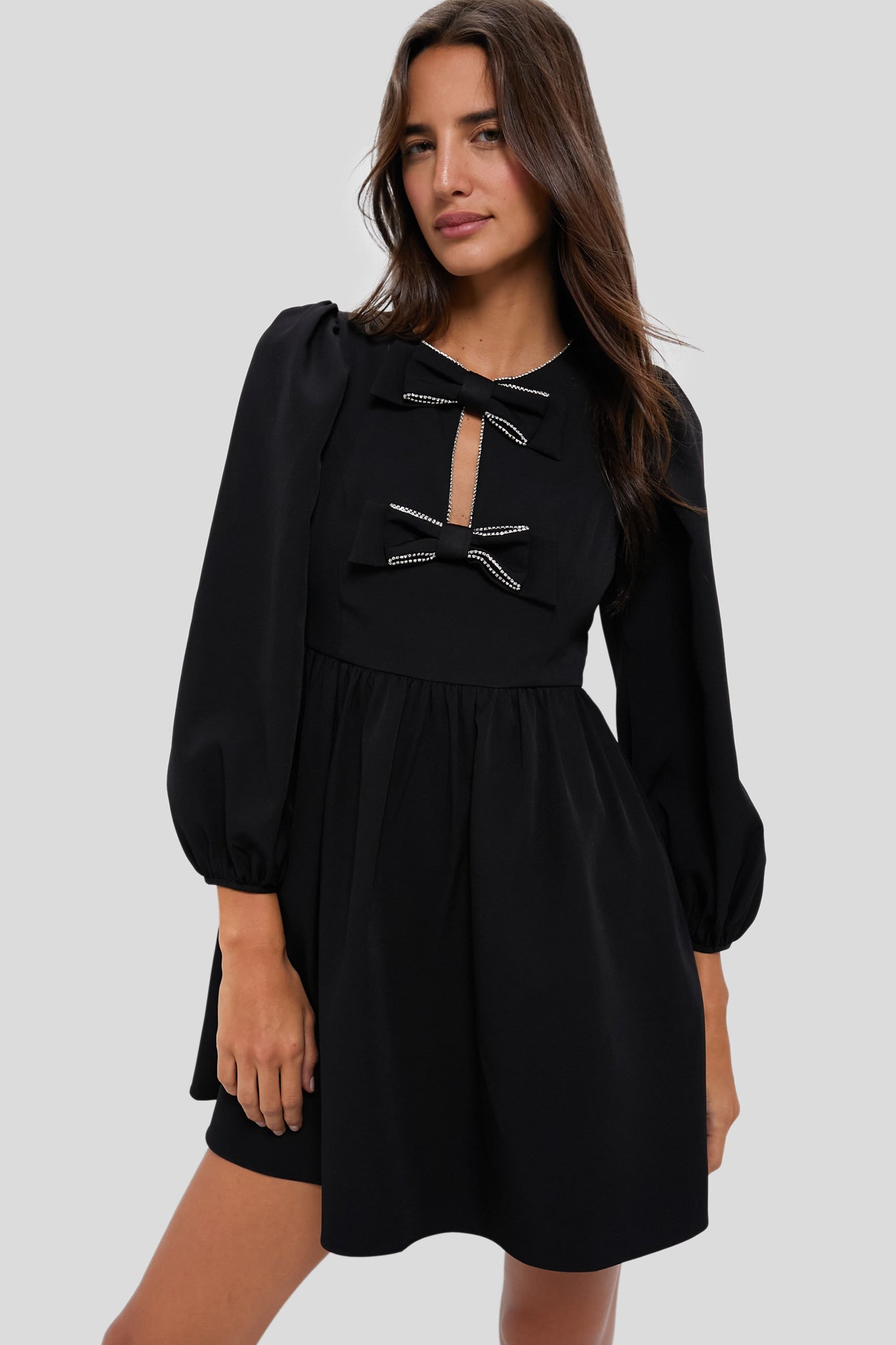 Embellished Bow Blouson Sleeves Mini Dress