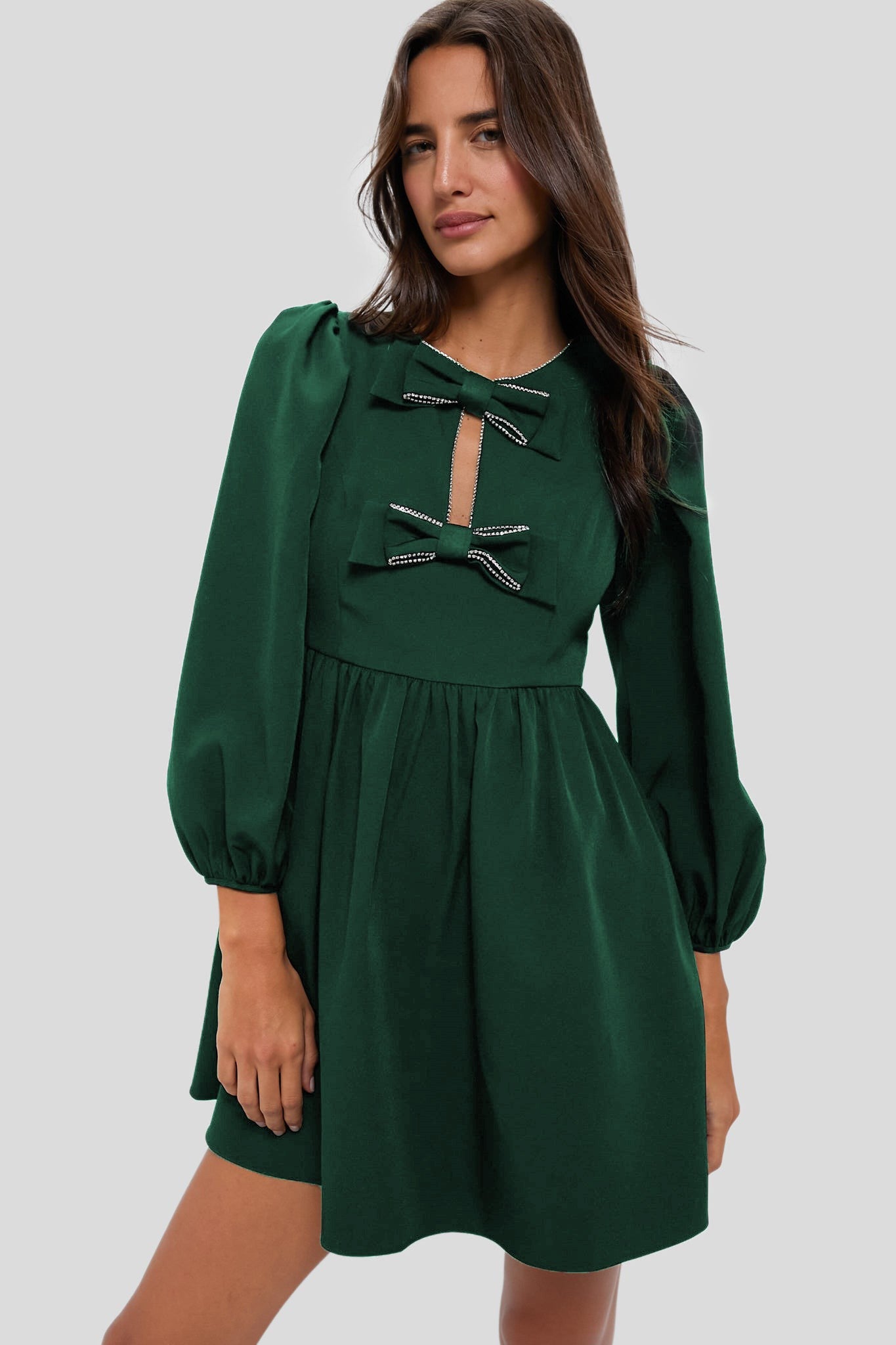 Embellished Bow Blouson Sleeves Mini Dress