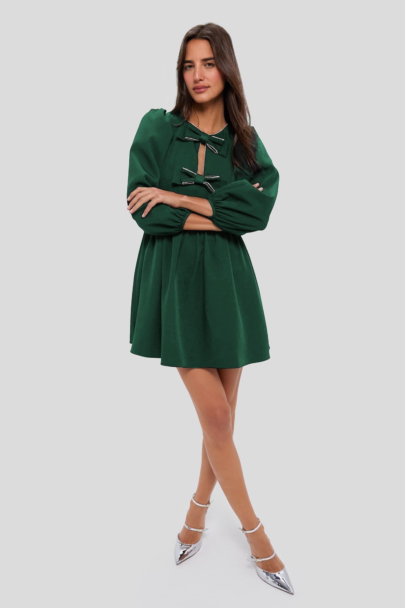 Embellished Bow Blouson Sleeves Mini Dress