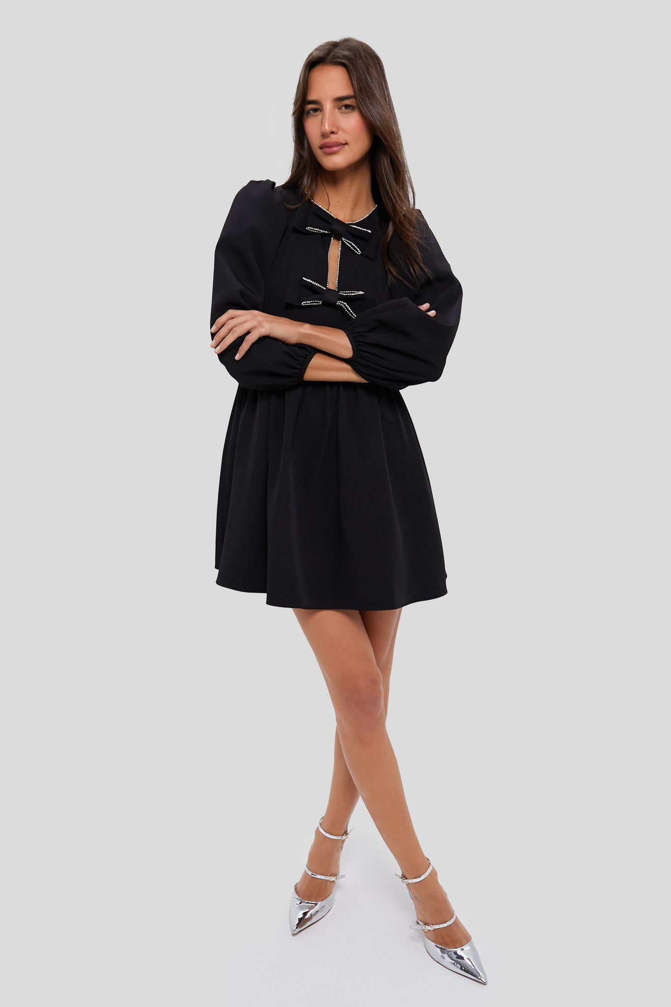 Embellished Bow Blouson Sleeves Mini Dress