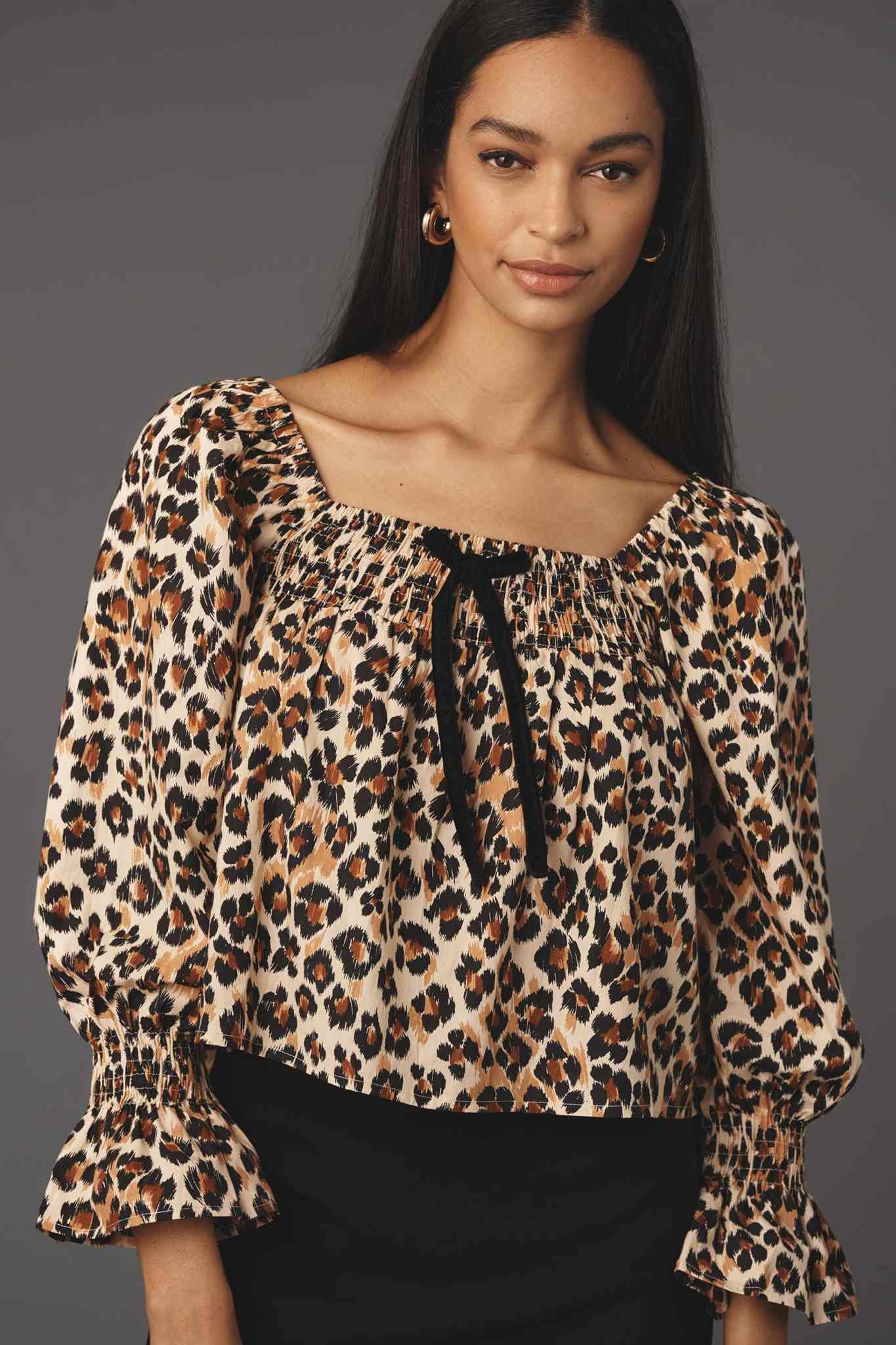 Animal Print Long Sleeve Smocked Cropped Blouse