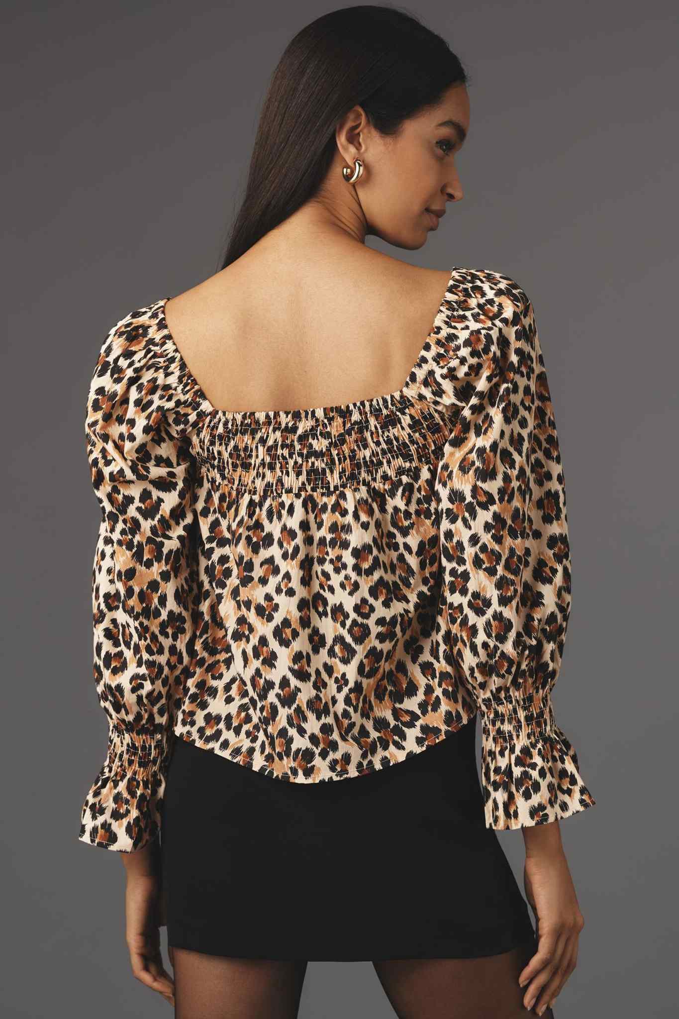 Animal Print Long Sleeve Smocked Cropped Blouse