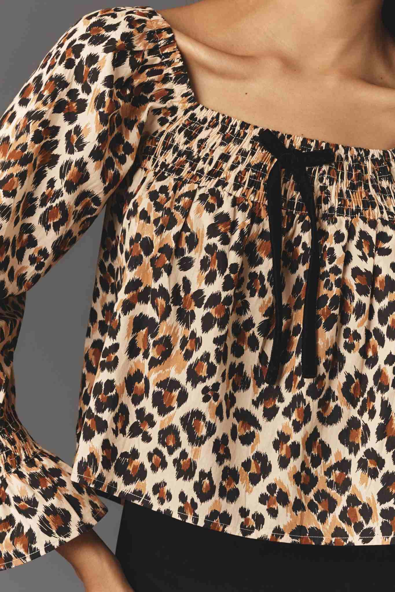 Animal Print Long Sleeve Smocked Cropped Blouse