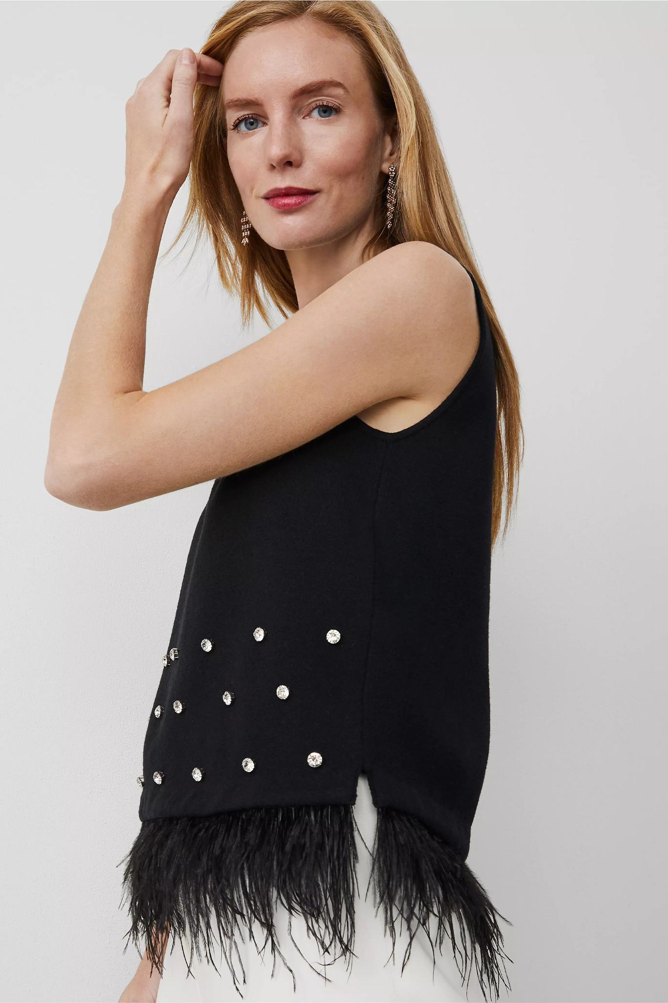 Feather Embellished Top With Polished Rhinestone