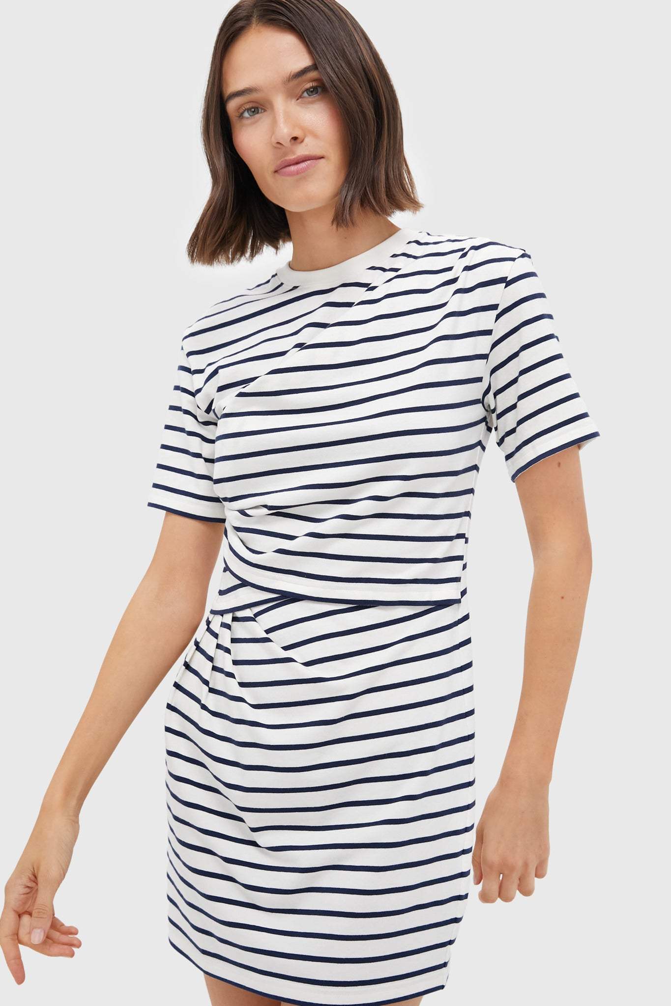 Midnight Stripe Short Sleeve Draped T-Shirt Dress