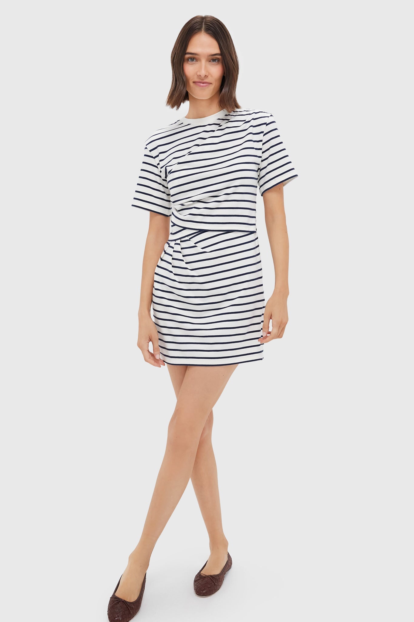 Midnight Stripe Short Sleeve Draped T-Shirt Dress