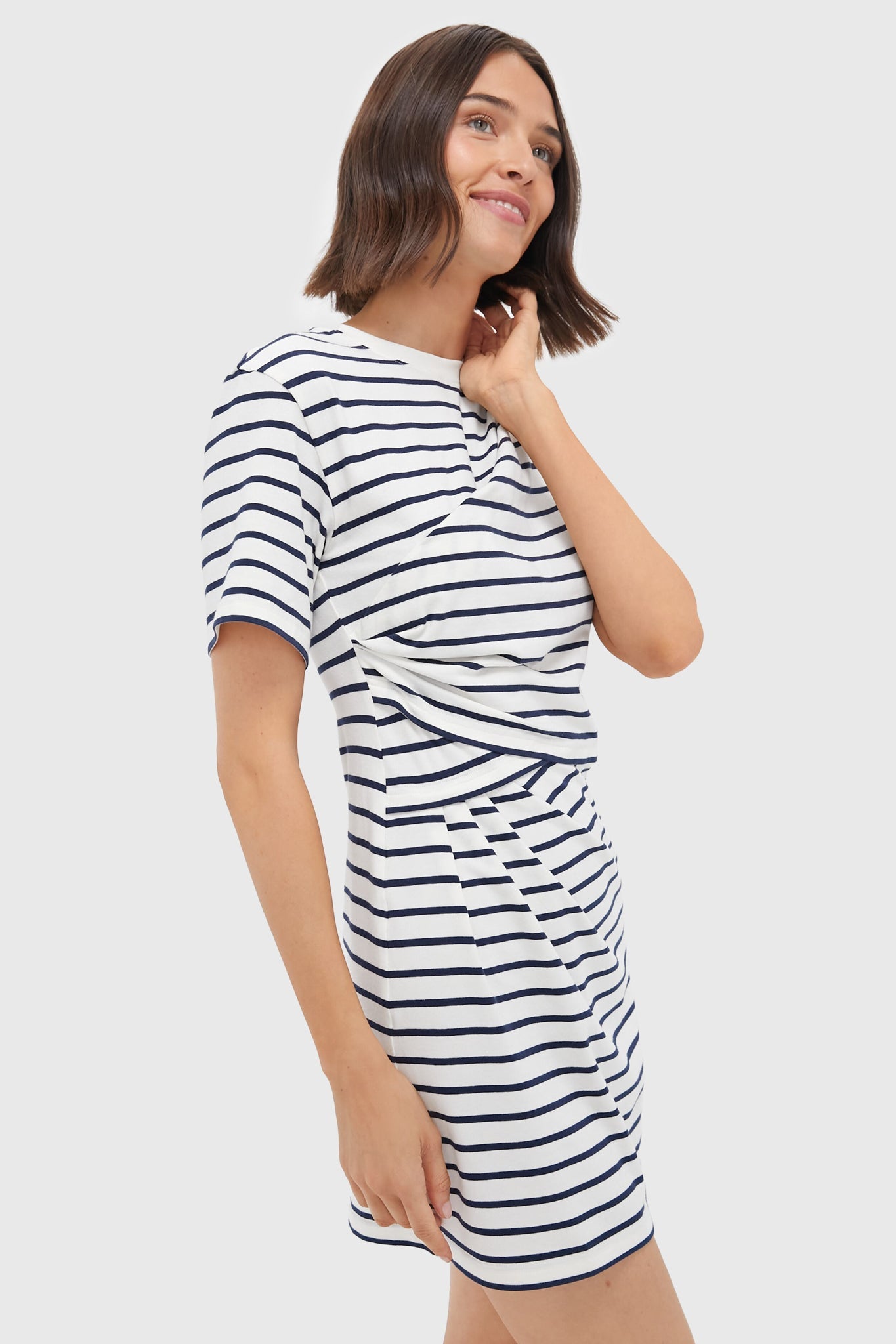 Midnight Stripe Short Sleeve Draped T-Shirt Dress