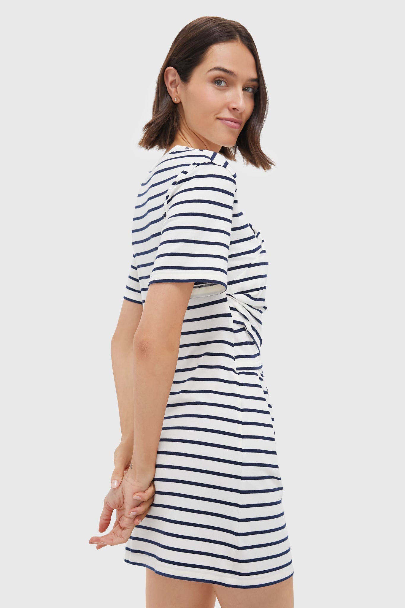 Midnight Stripe Short Sleeve Draped T-Shirt Dress