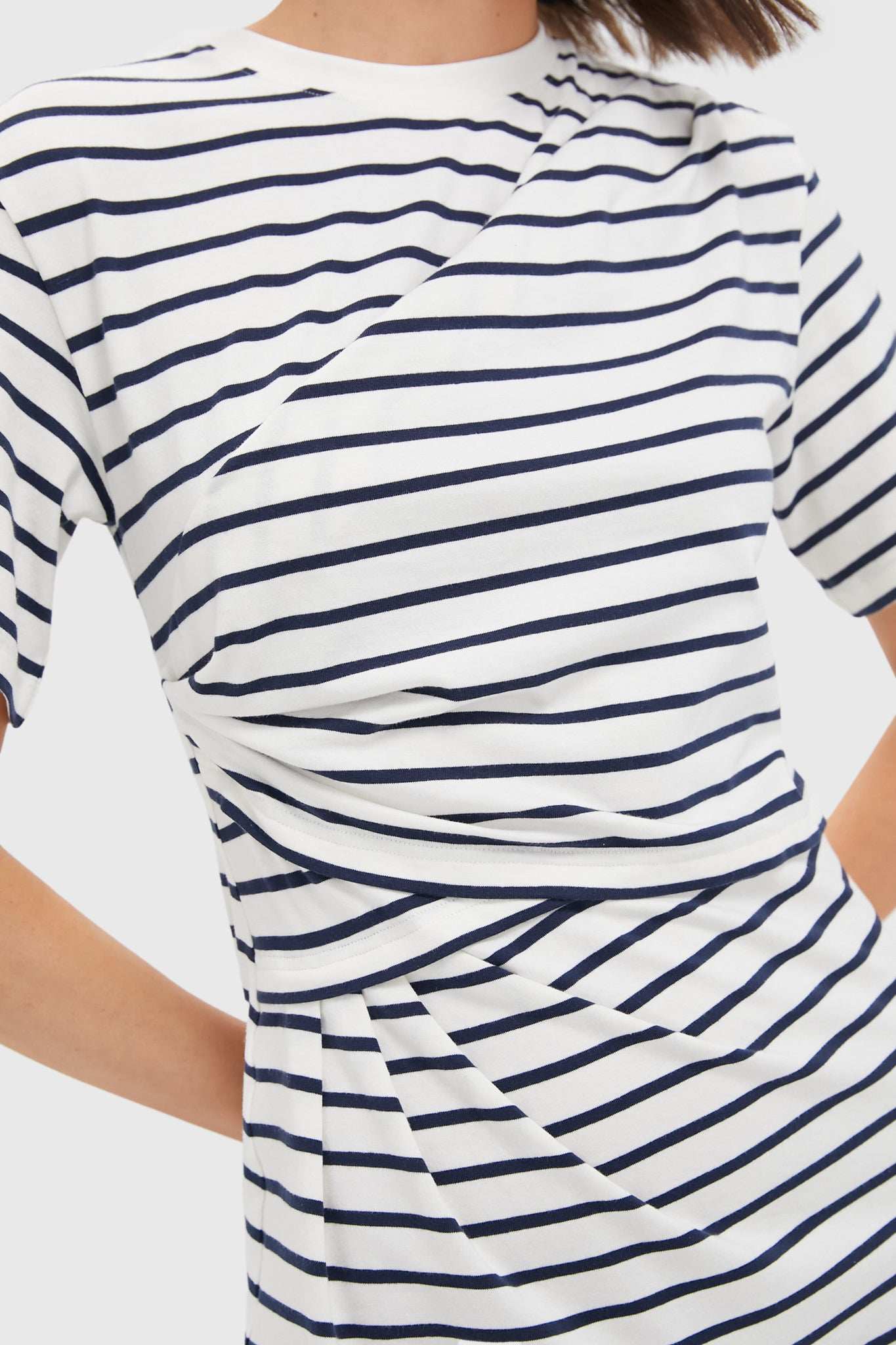 Midnight Stripe Short Sleeve Draped T-Shirt Dress