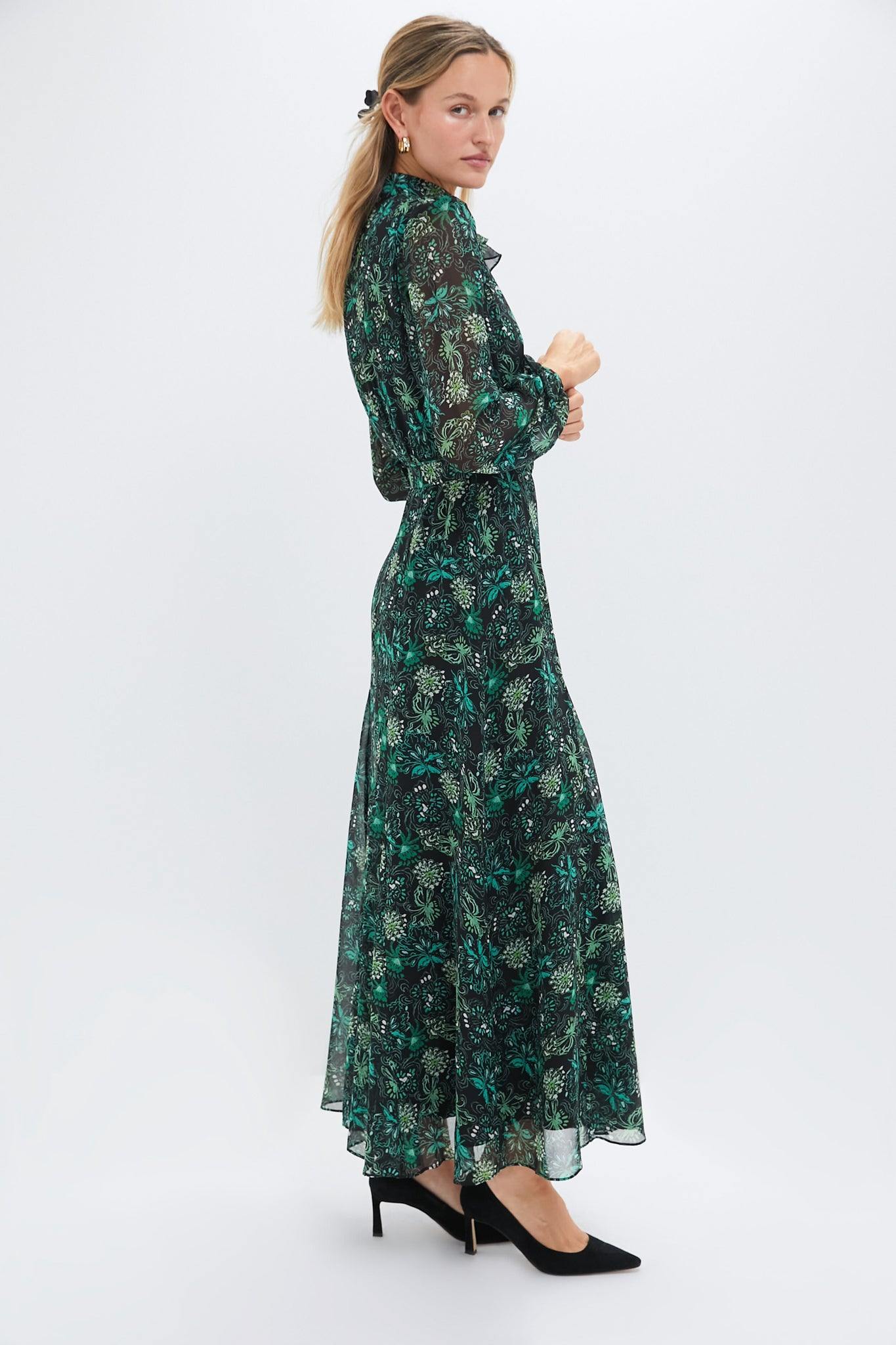 Gorgeous Green Coral Blossom High Neck Midi Dress