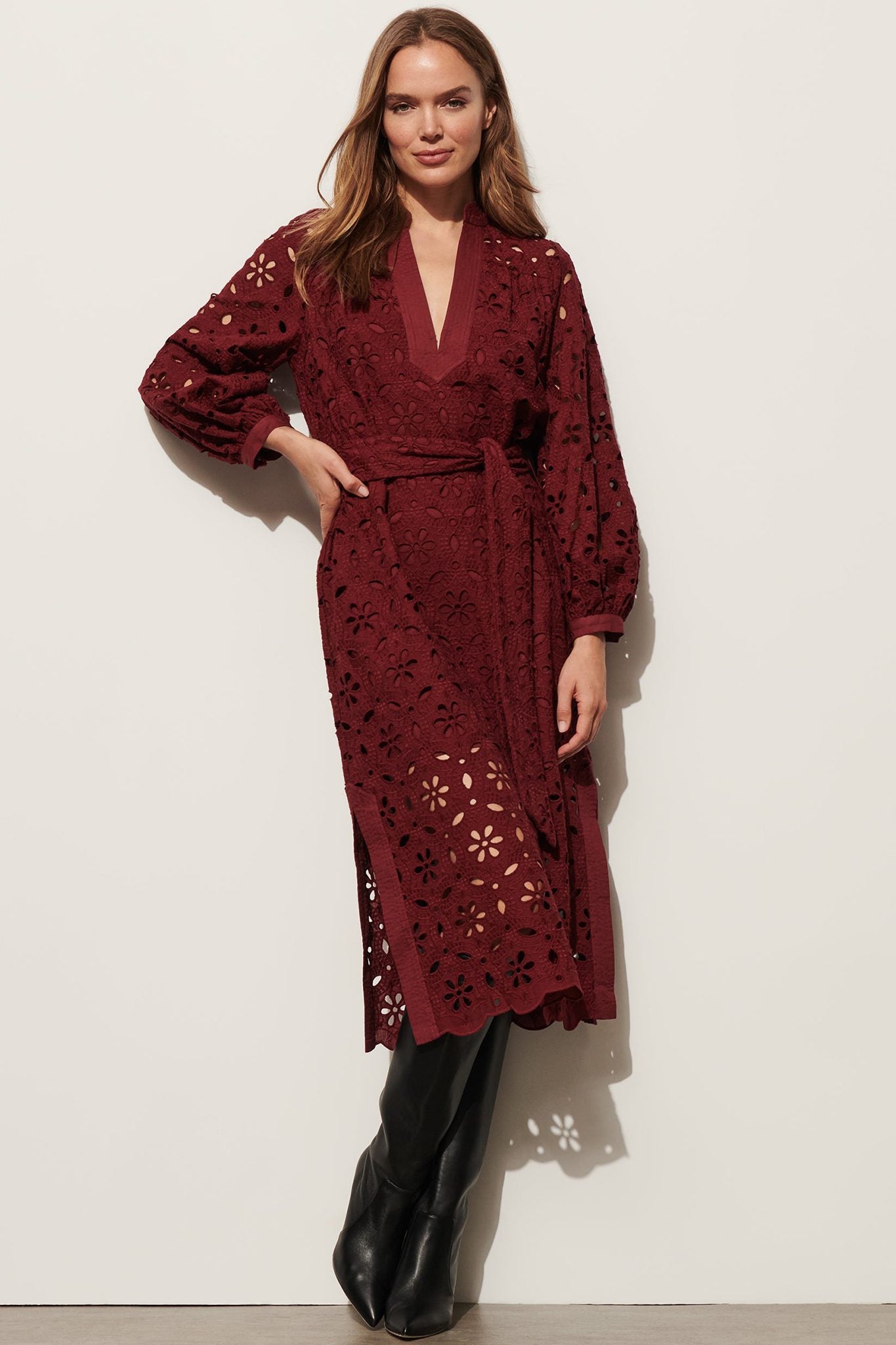 Burgundy Eyelet-Embroidered Belted Midi Dress