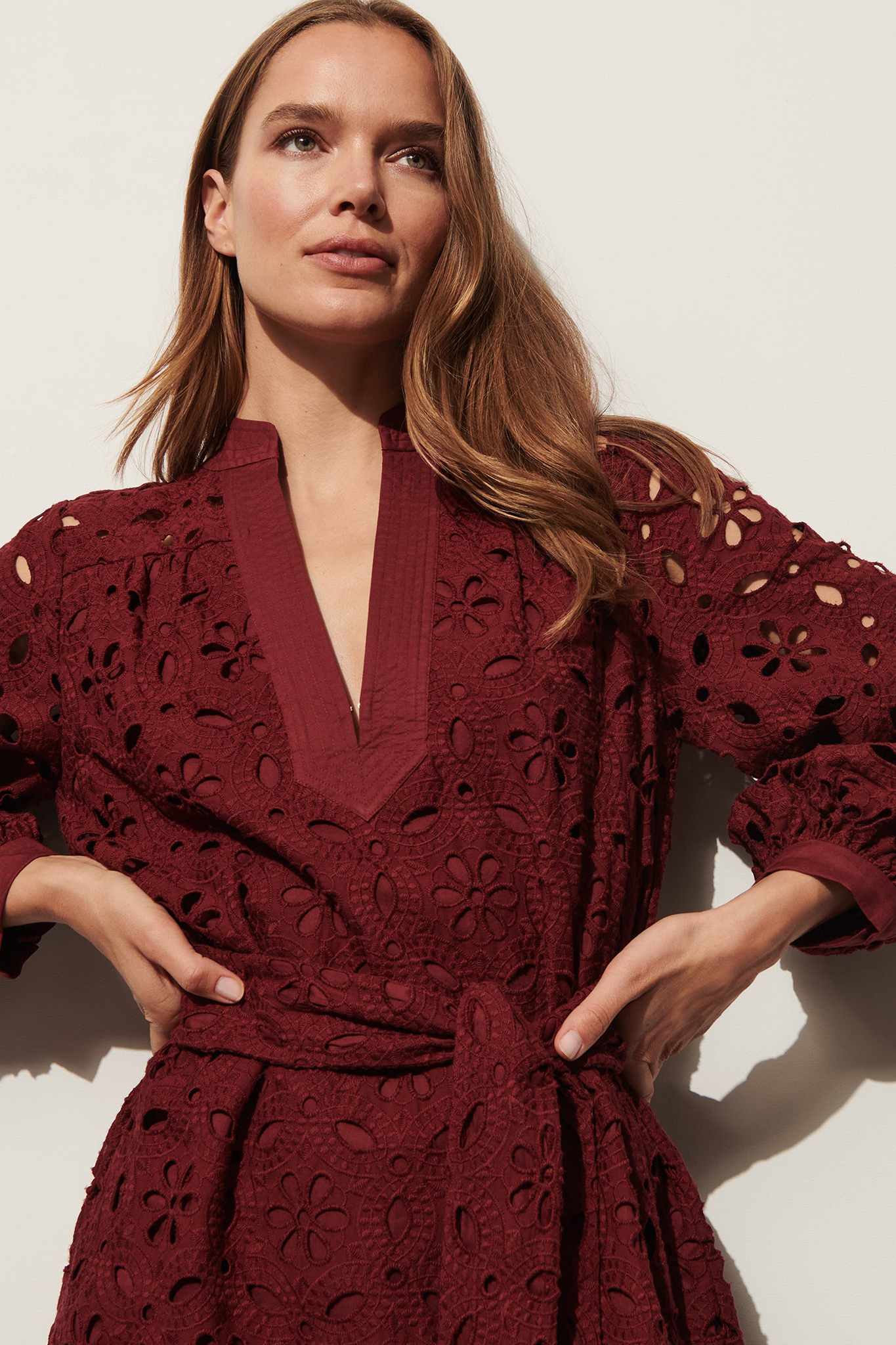 Burgundy Eyelet-Embroidered Belted Midi Dress