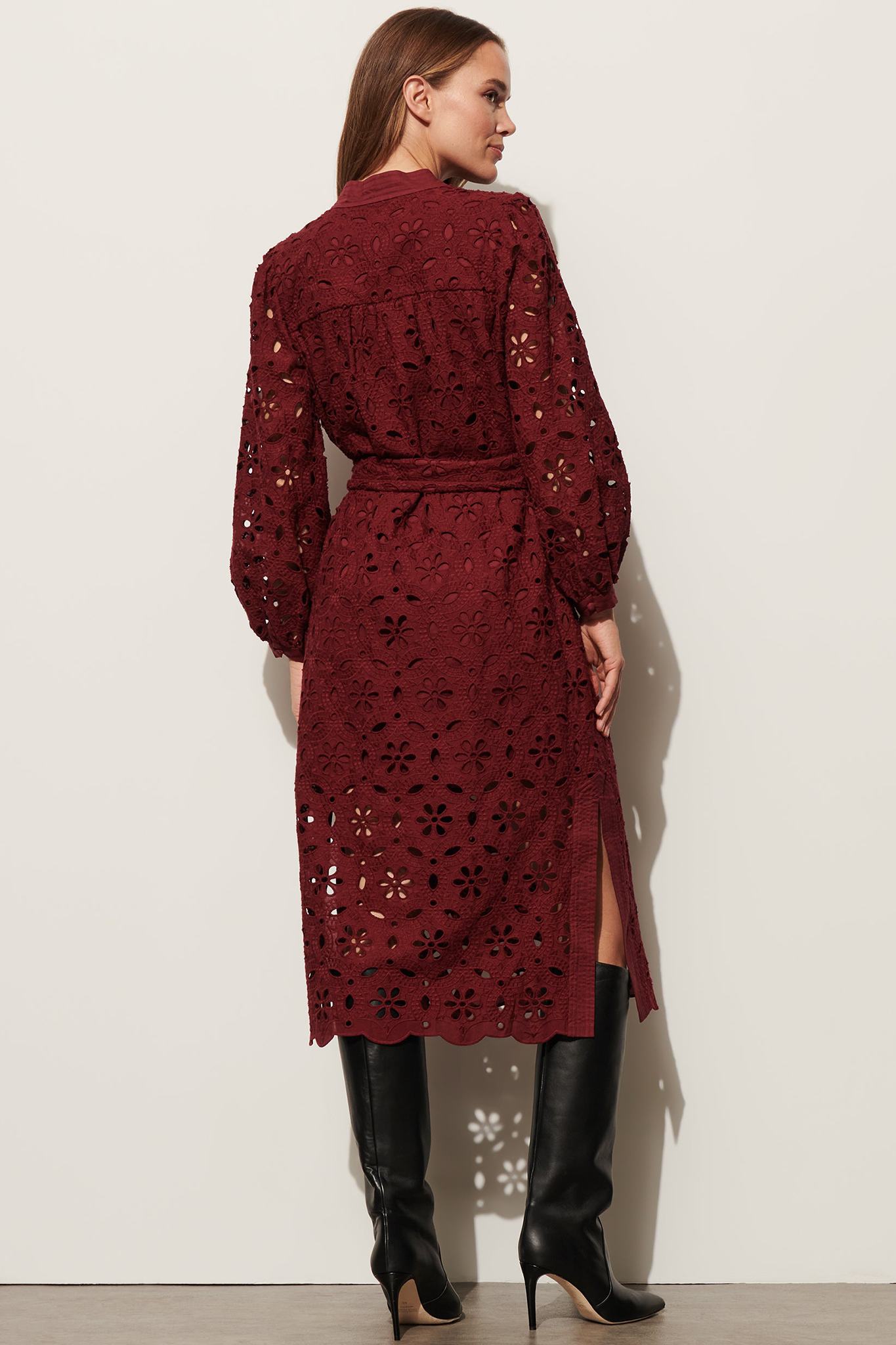 Burgundy Eyelet-Embroidered Belted Midi Dress