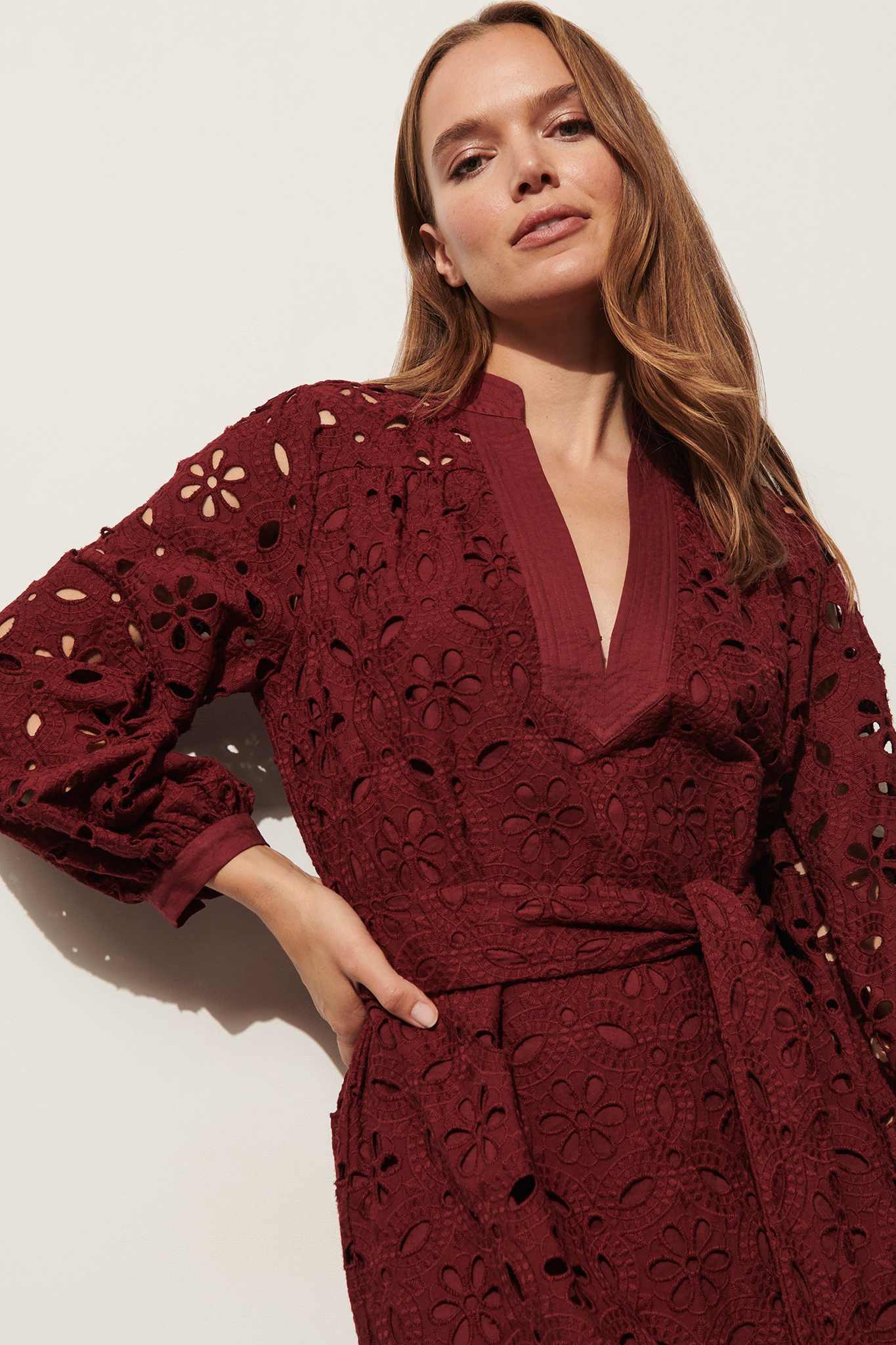 Burgundy Eyelet-Embroidered Belted Midi Dress