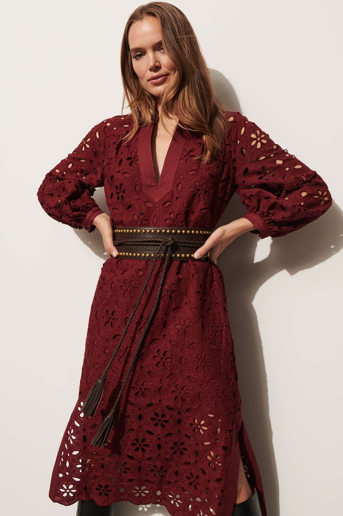 Burgundy Eyelet-Embroidered Belted Midi Dress