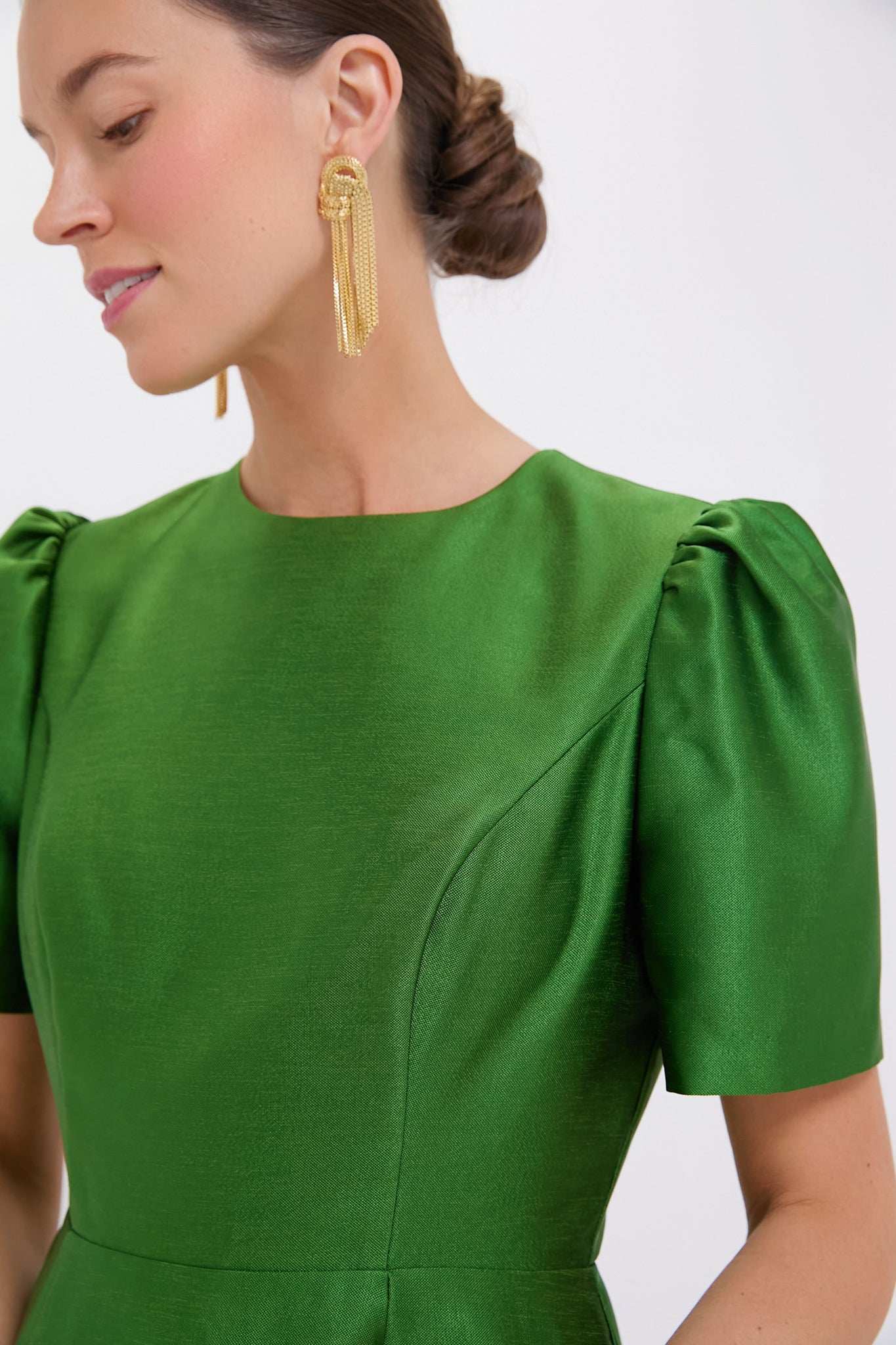 Green Puffed shoulders Slim Fit Mini Dress