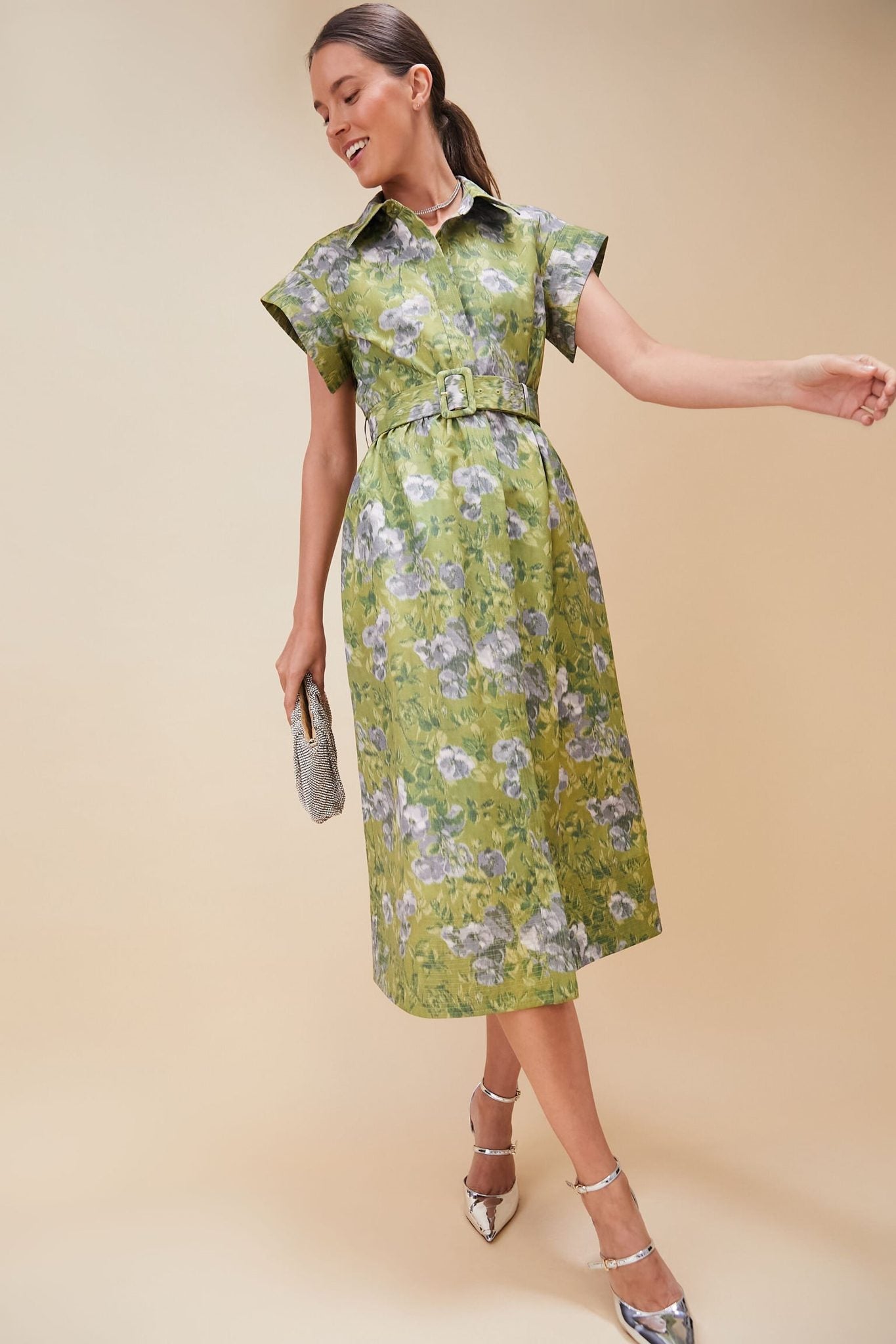 Green Print Short Wing Sleeves Midi Dress