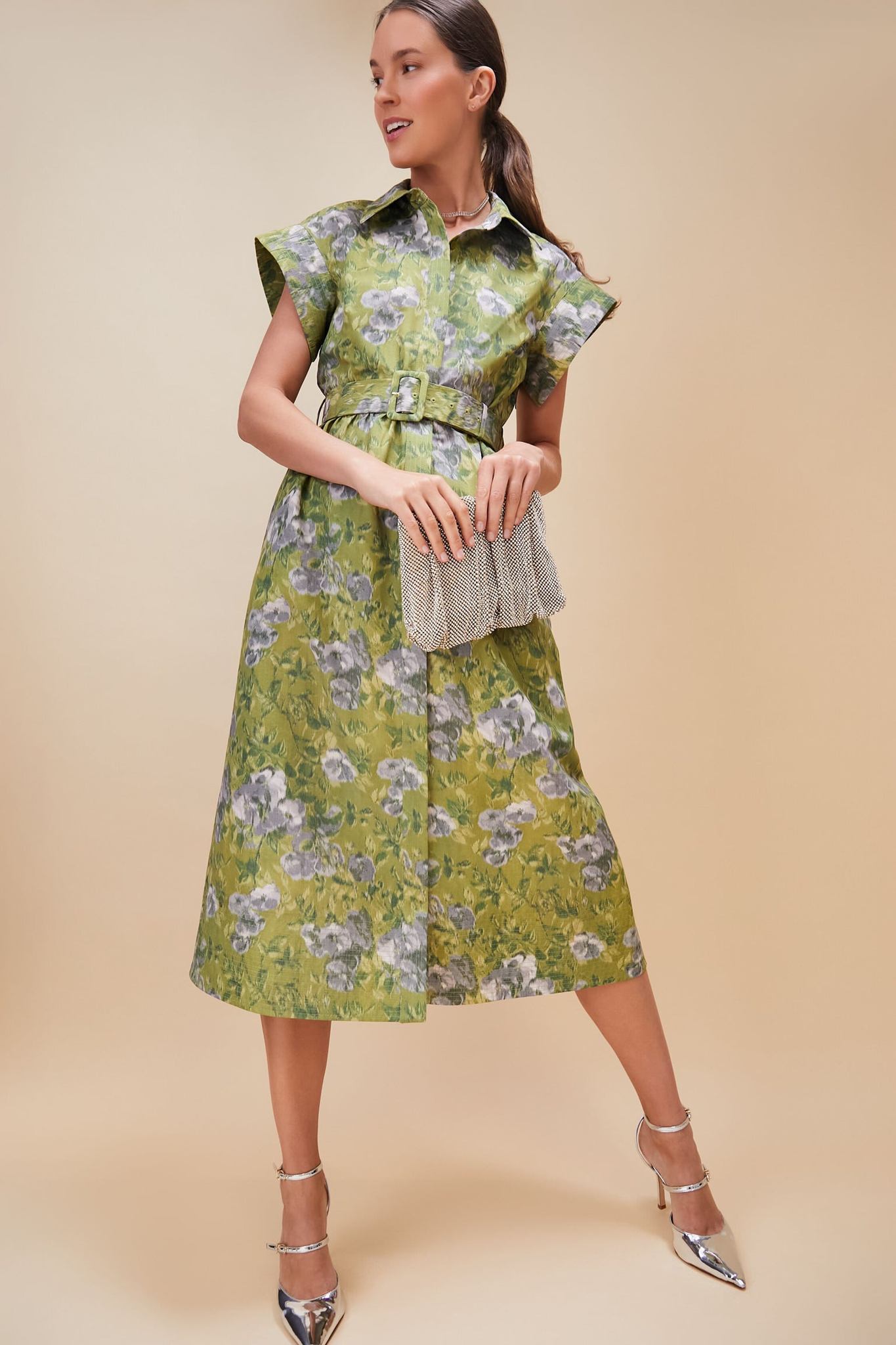 Green Print Short Wing Sleeves Midi Dress