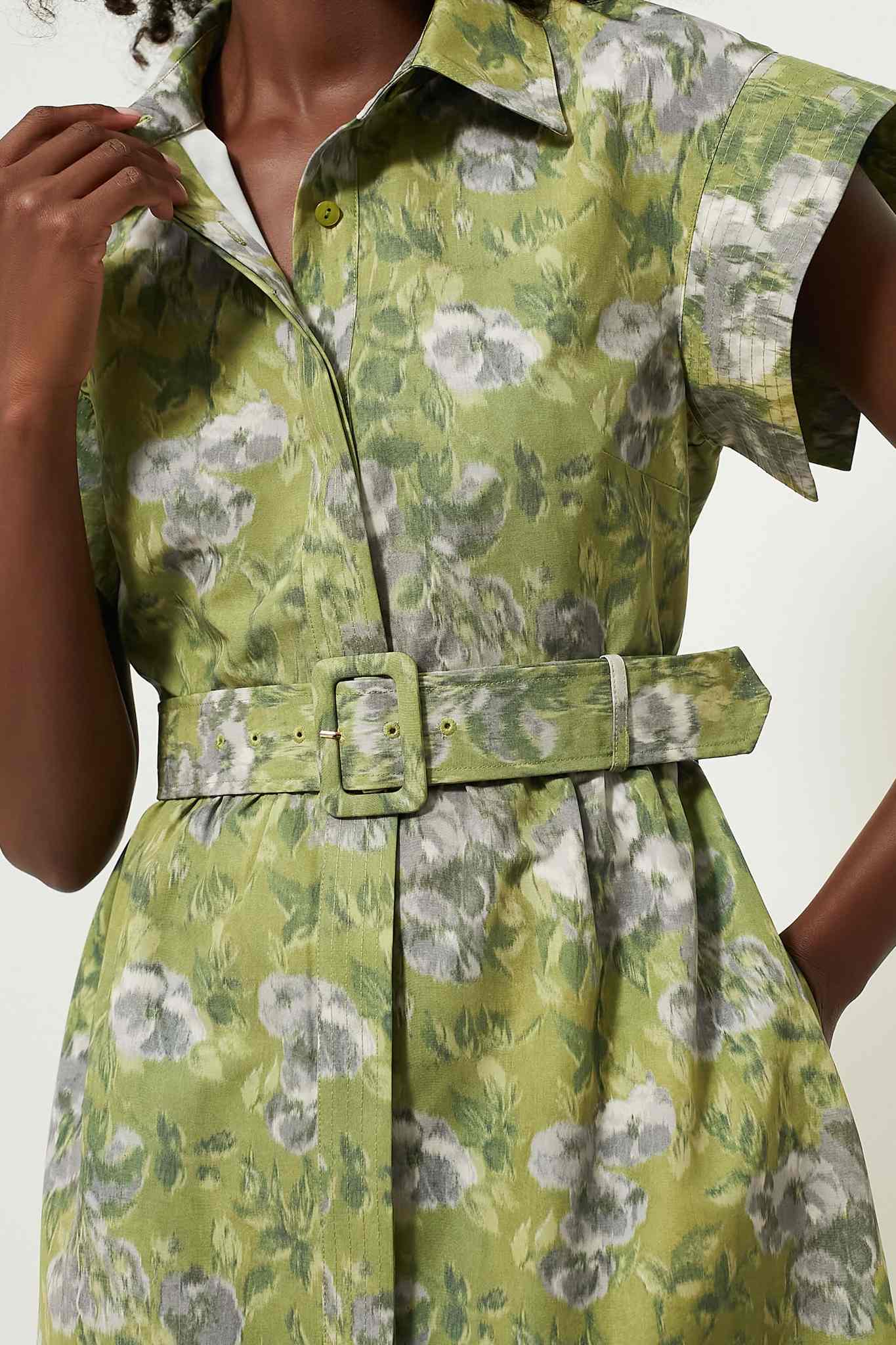 Green Print Short Wing Sleeves Midi Dress