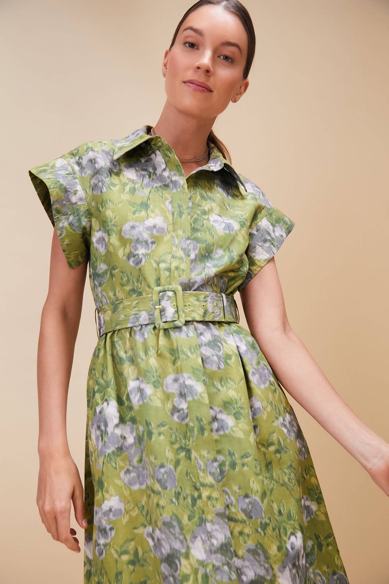 Green Print Short Wing Sleeves Midi Dress