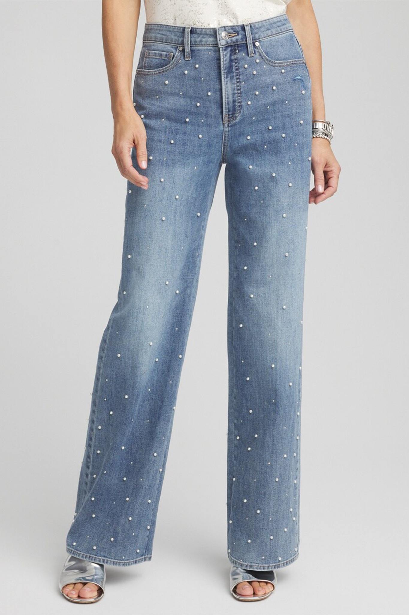 Pearl Embellished High Rise Wide Leg Jeans