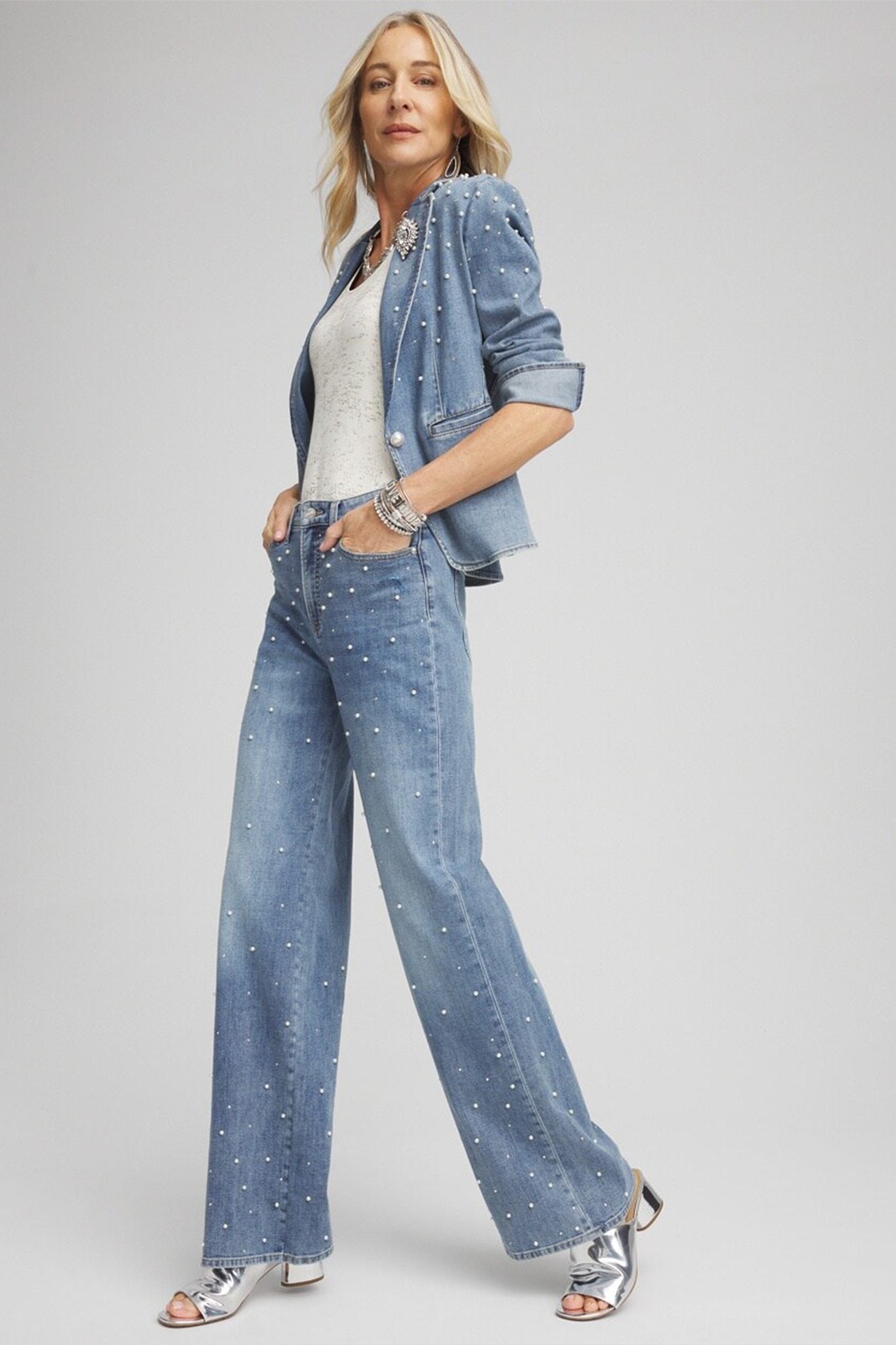 Pearl Embellished High Rise Wide Leg Jeans