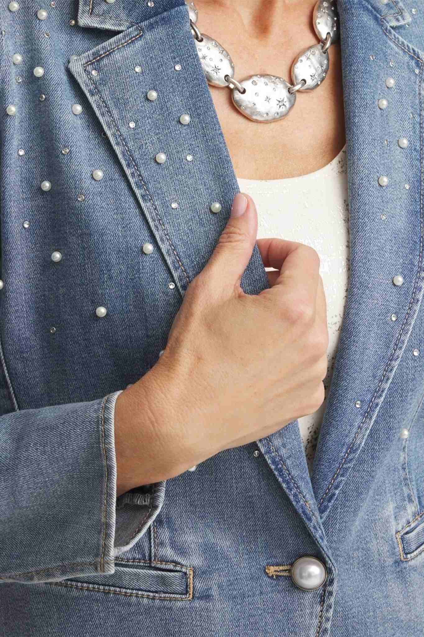 Pearl Embellished Denim Blazer