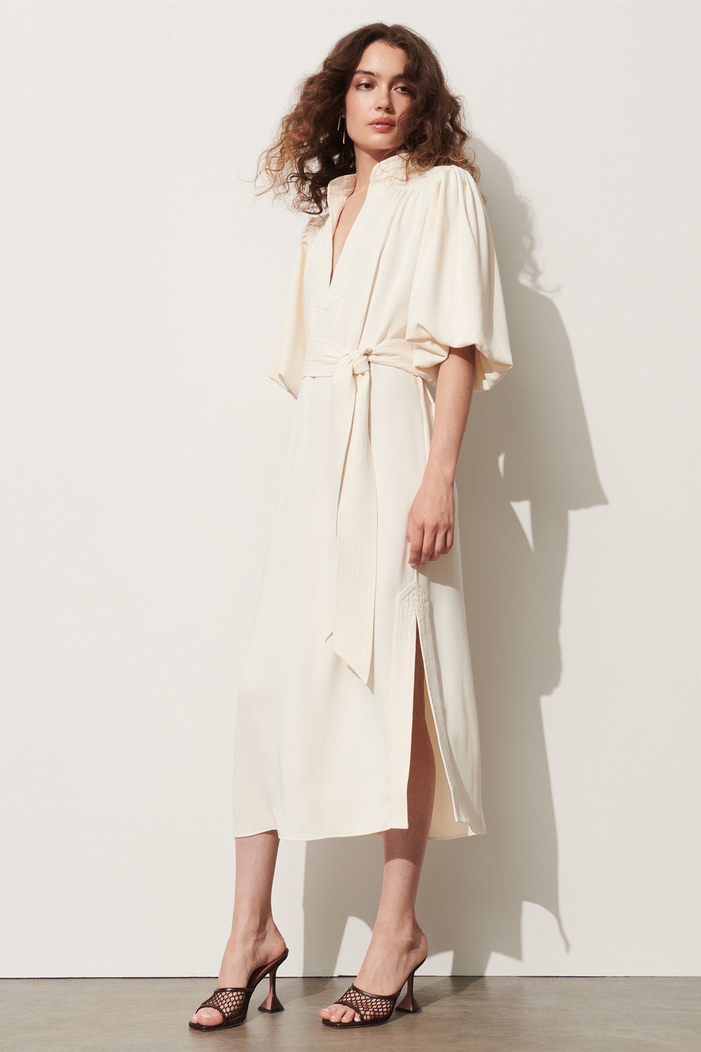 Belted Puff-Sleeve Midi Shirtdress