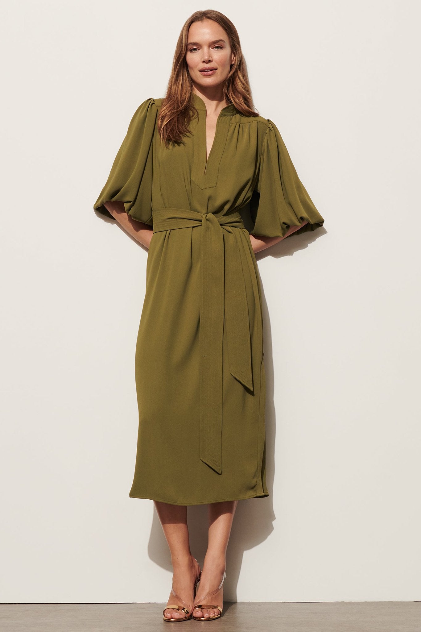 Belted Puff-Sleeve Midi Shirtdress