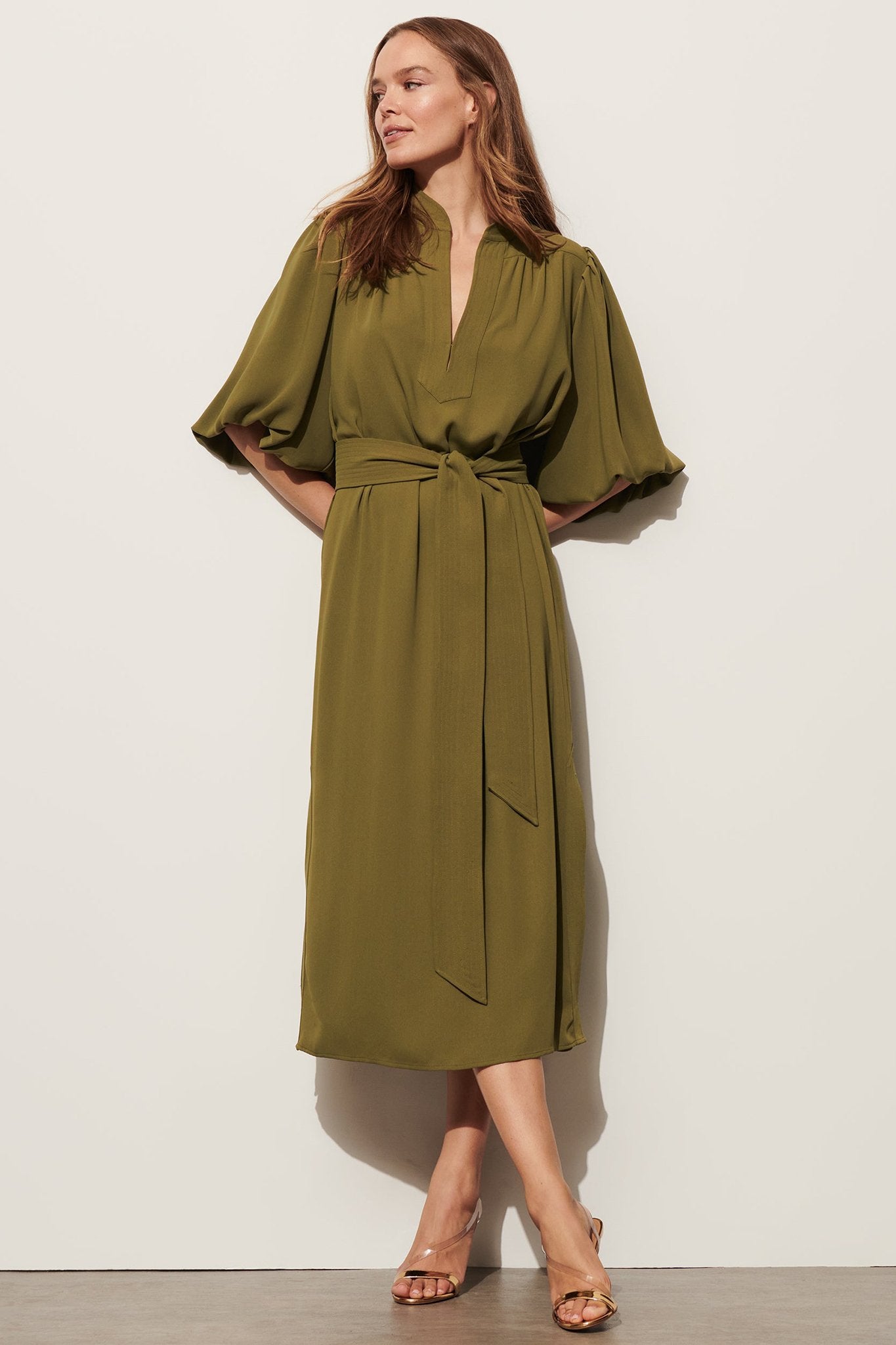 Belted Puff-Sleeve Midi Shirtdress