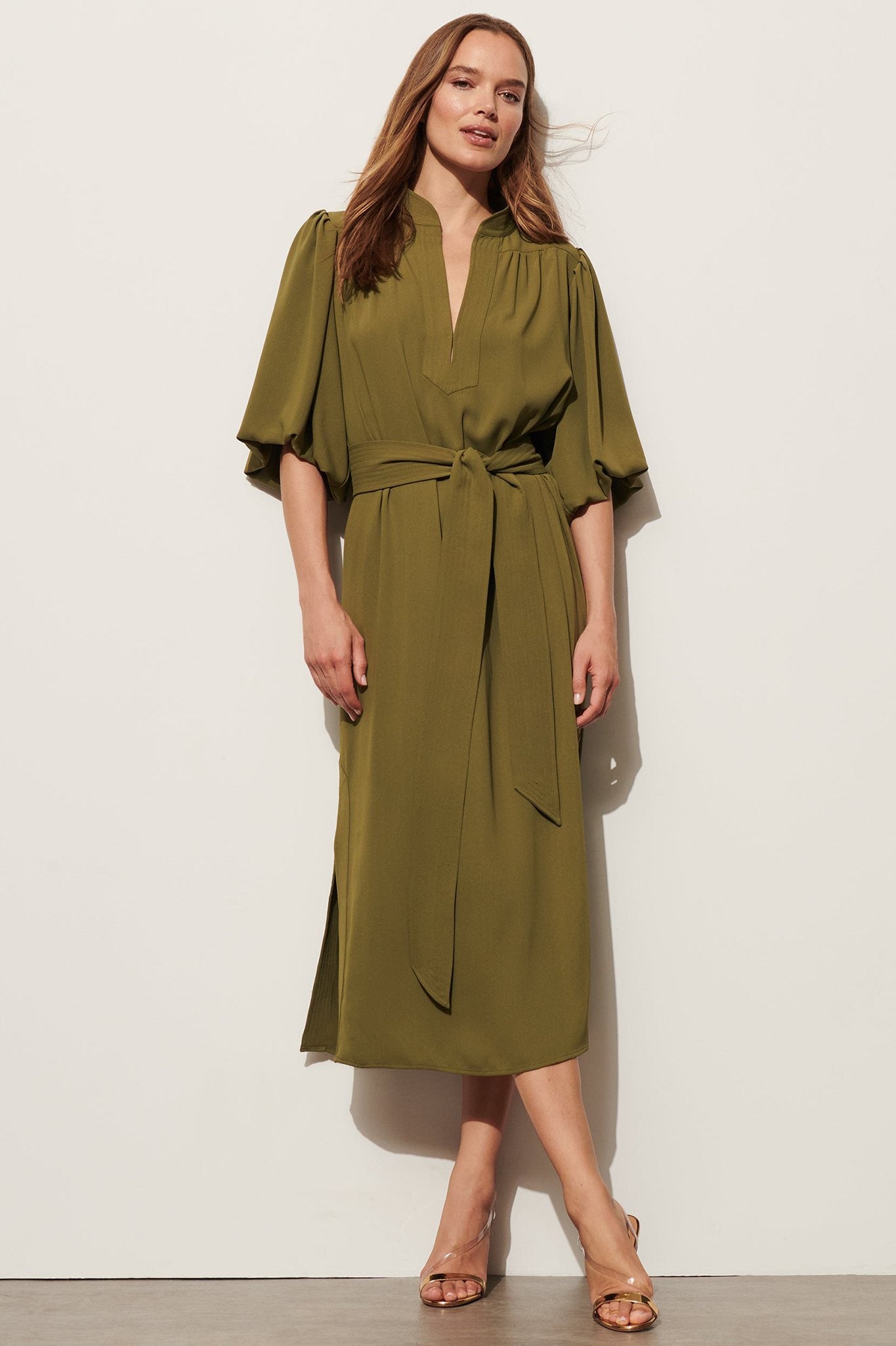 Belted Puff-Sleeve Midi Shirtdress