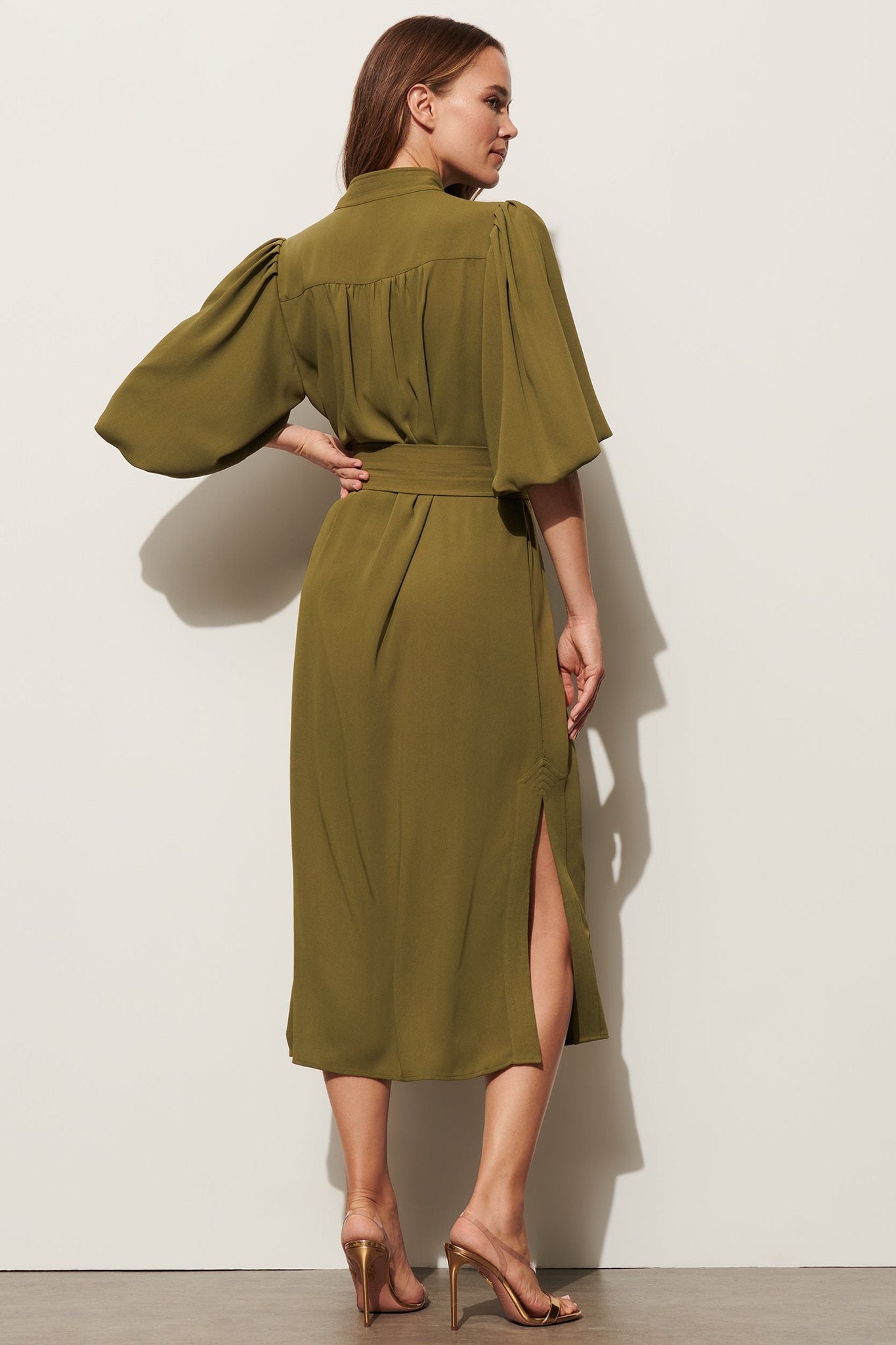 Belted Puff-Sleeve Midi Shirtdress