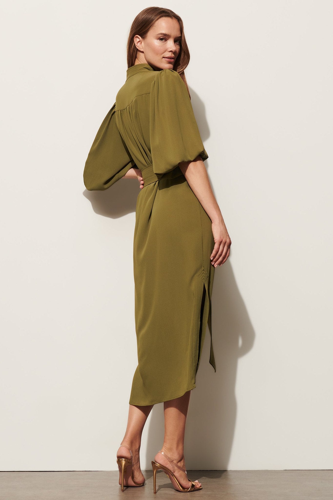 Belted Puff-Sleeve Midi Shirtdress