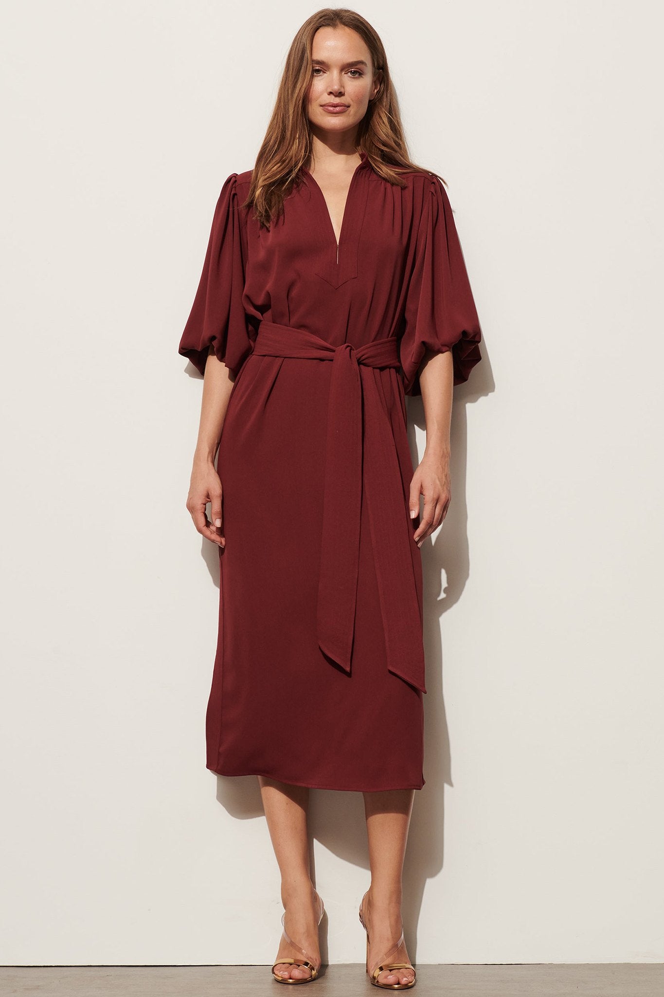 Belted Puff-Sleeve Midi Shirtdress