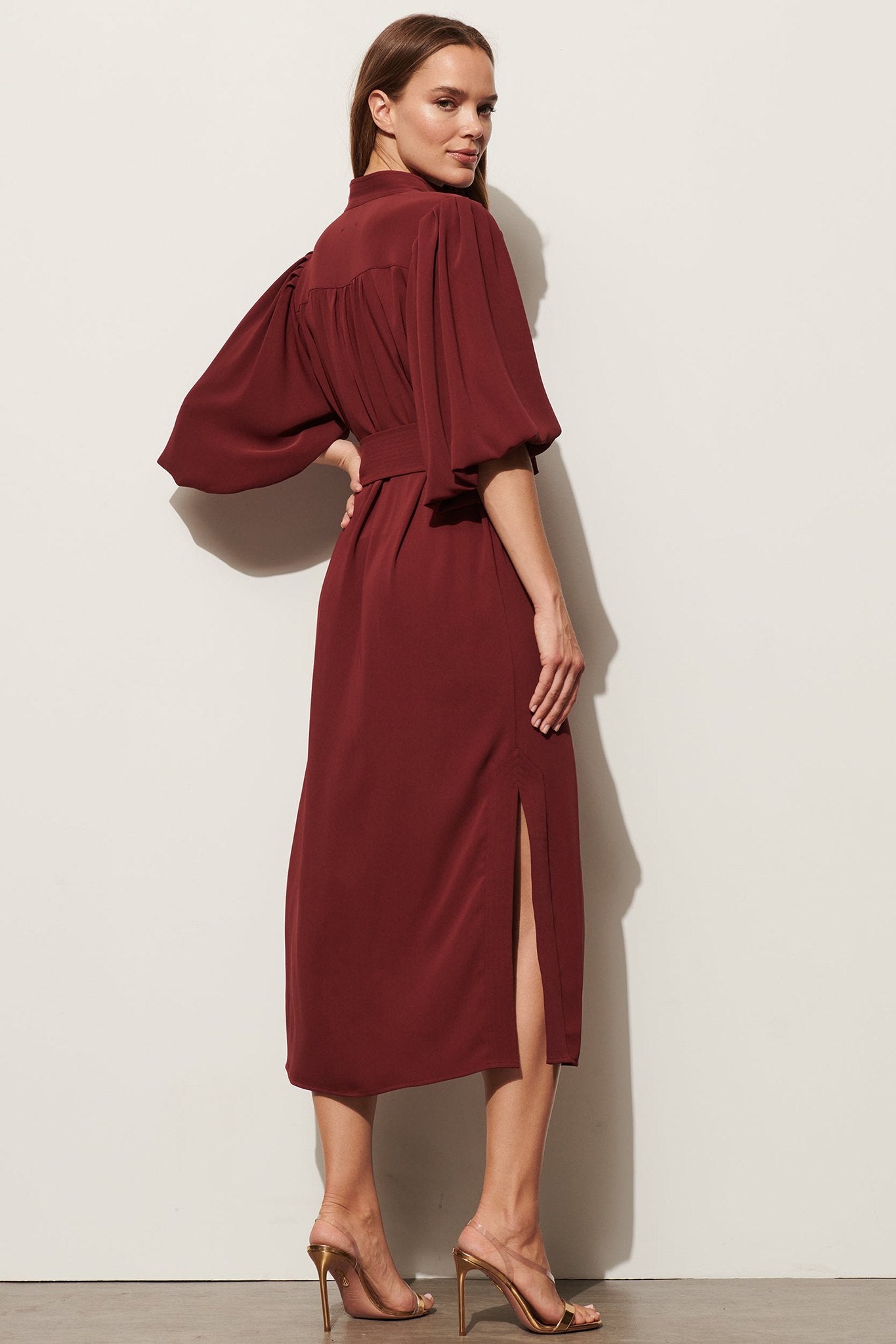 Belted Puff-Sleeve Midi Shirtdress