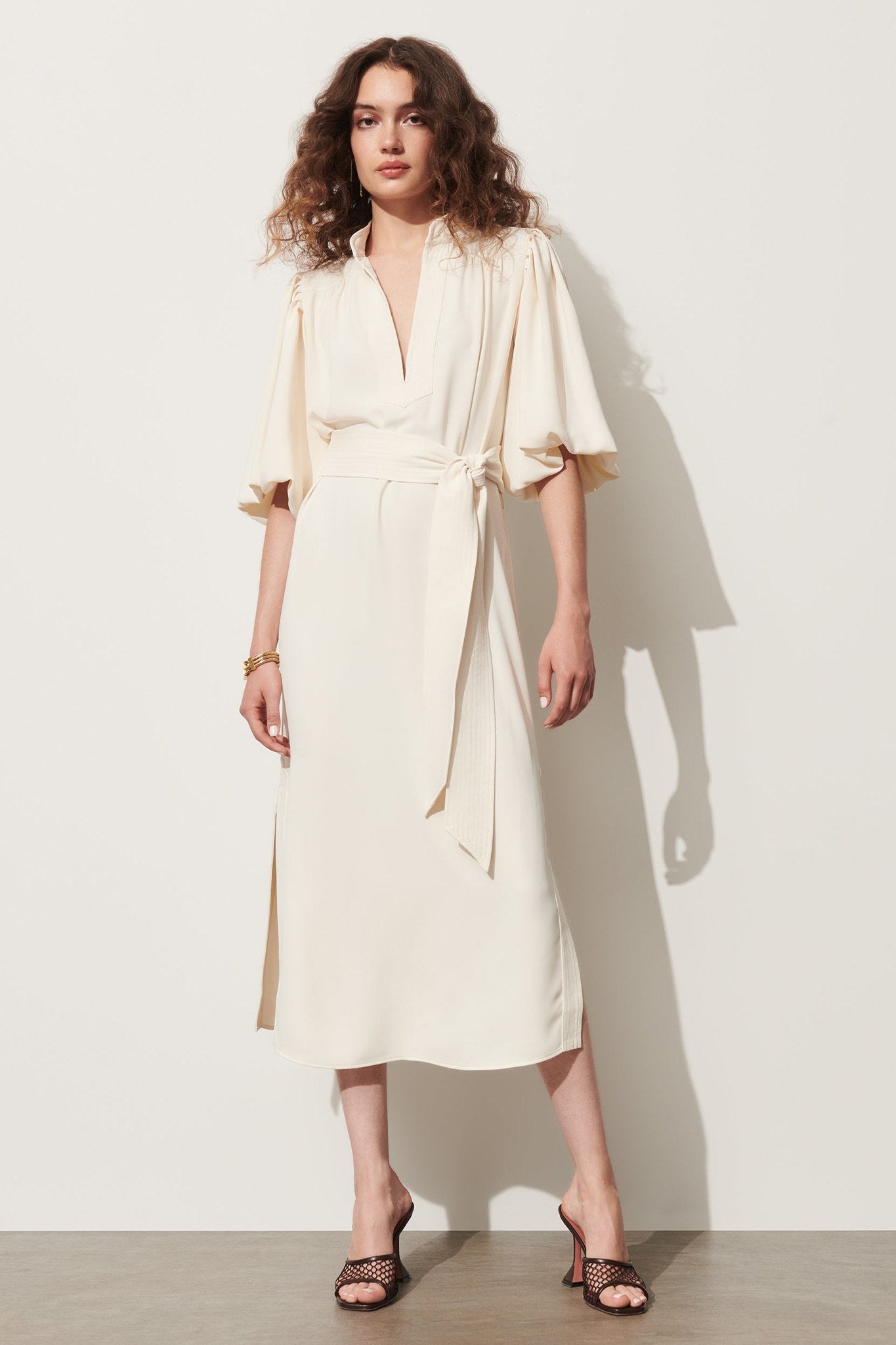 Belted Puff-Sleeve Midi Shirtdress