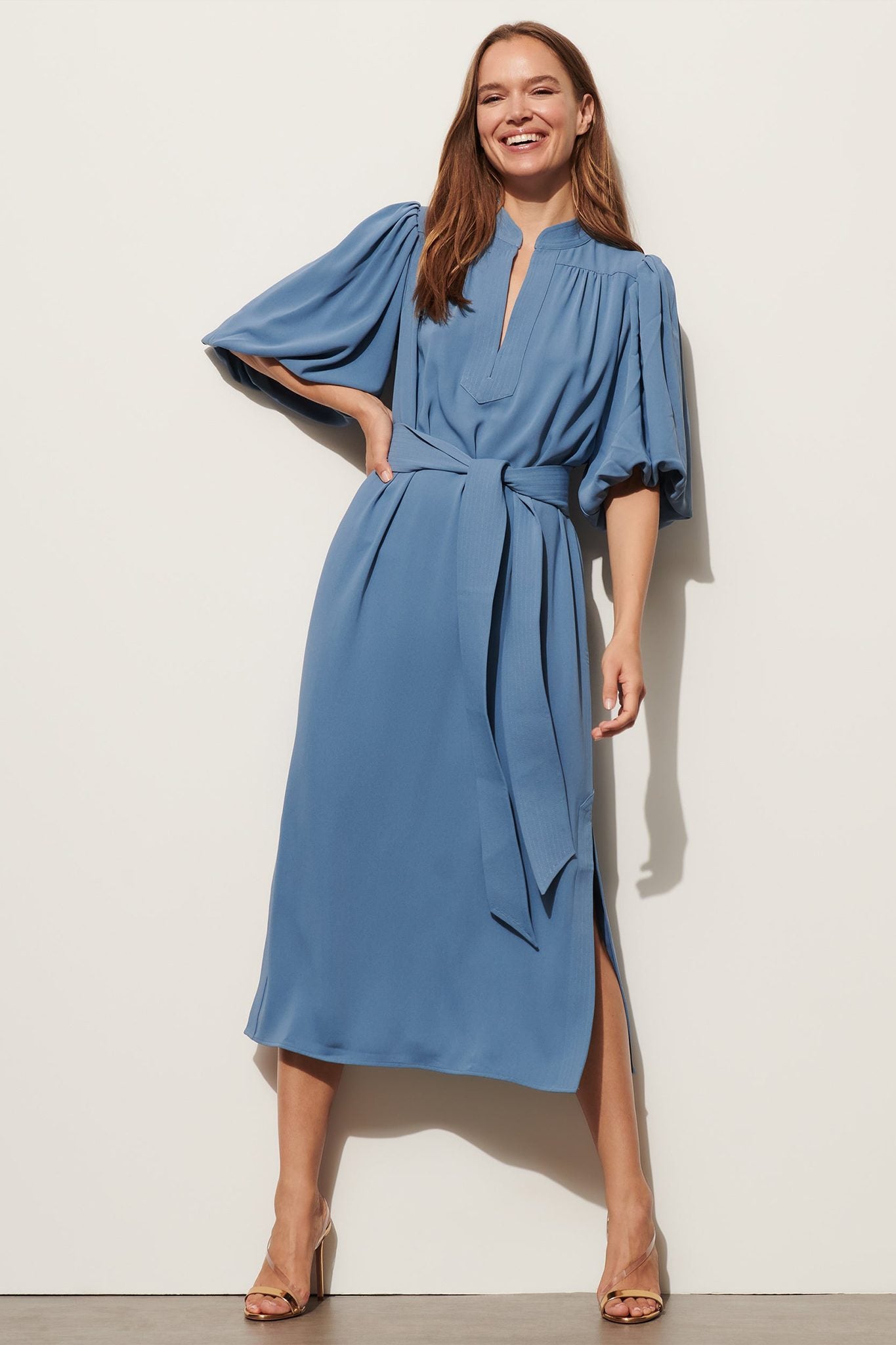 Belted Puff-Sleeve Midi Shirtdress