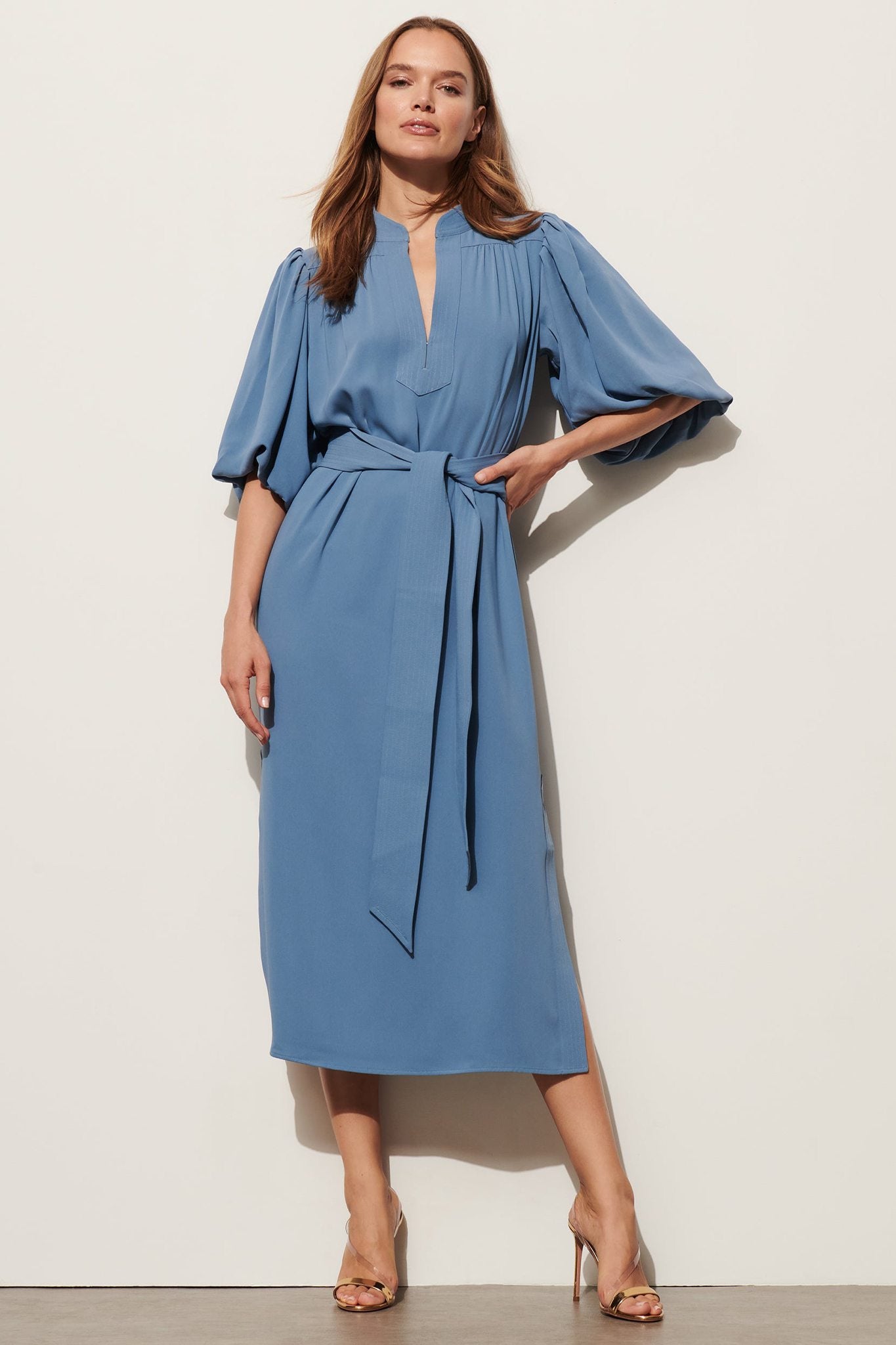 Belted Puff-Sleeve Midi Shirtdress