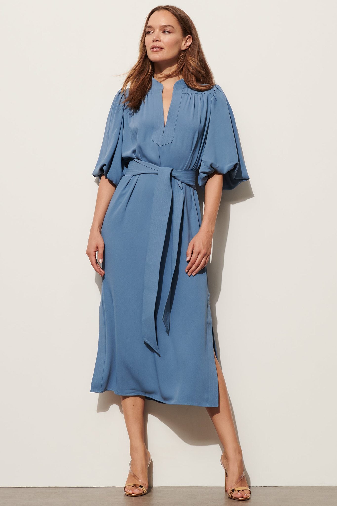 Belted Puff-Sleeve Midi Shirtdress