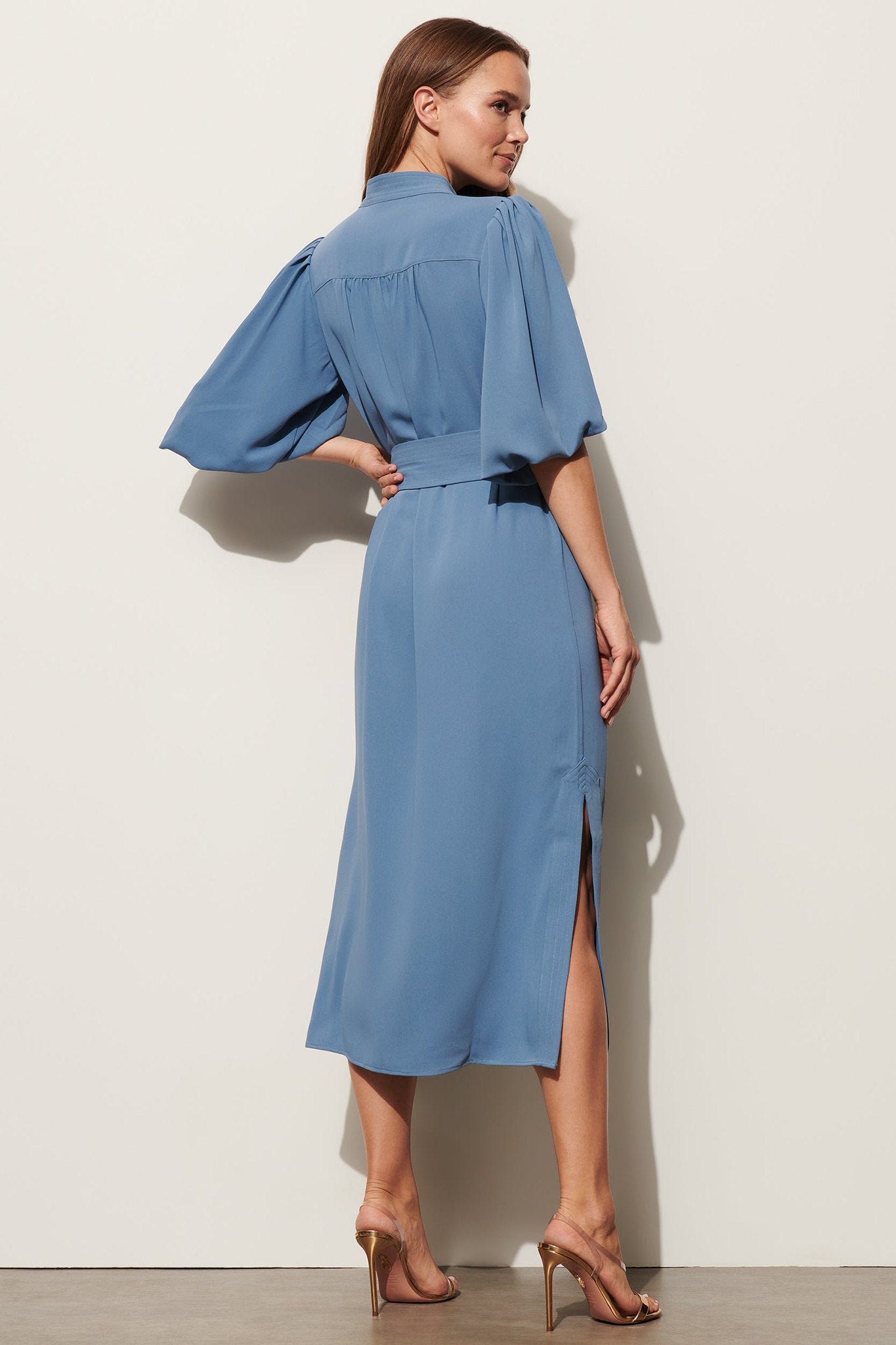 Belted Puff-Sleeve Midi Shirtdress