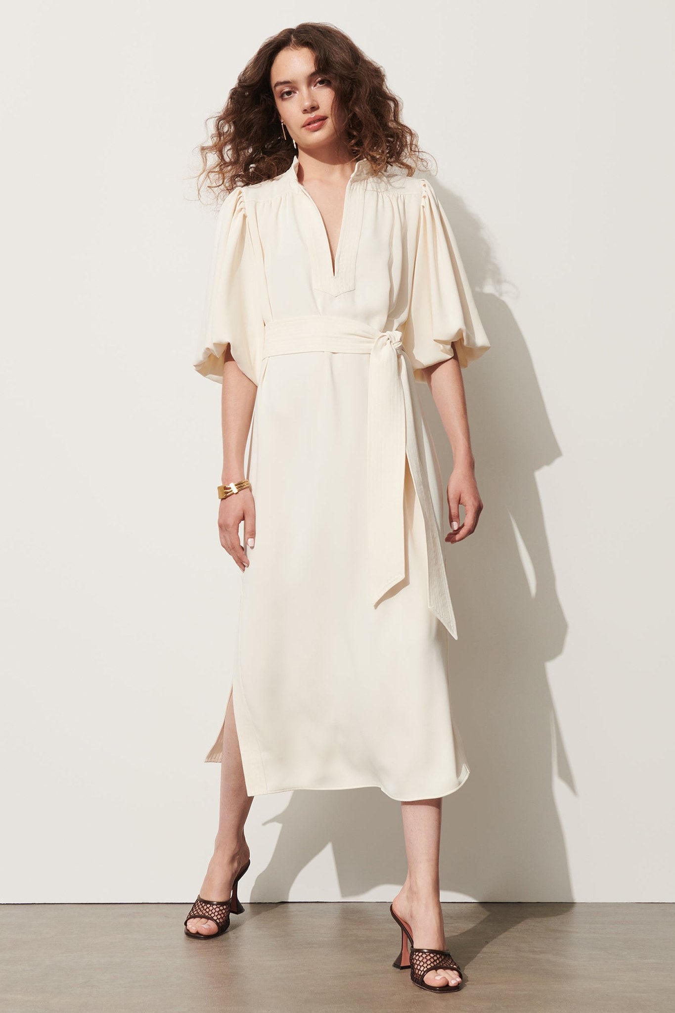 Belted Puff-Sleeve Midi Shirtdress