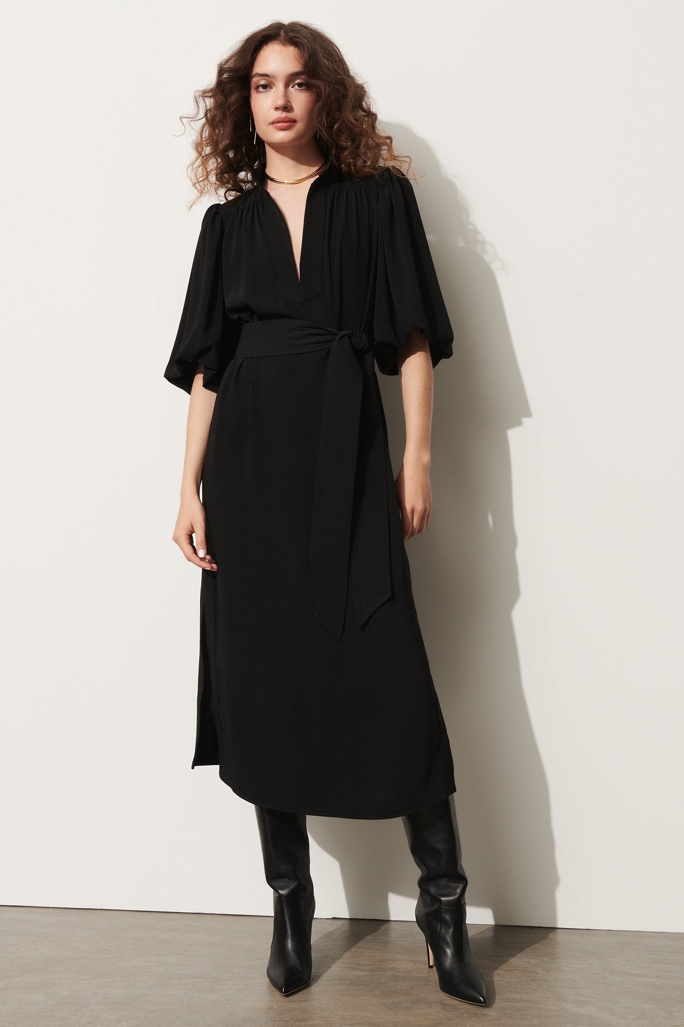 Belted Puff-Sleeve Midi Shirtdress