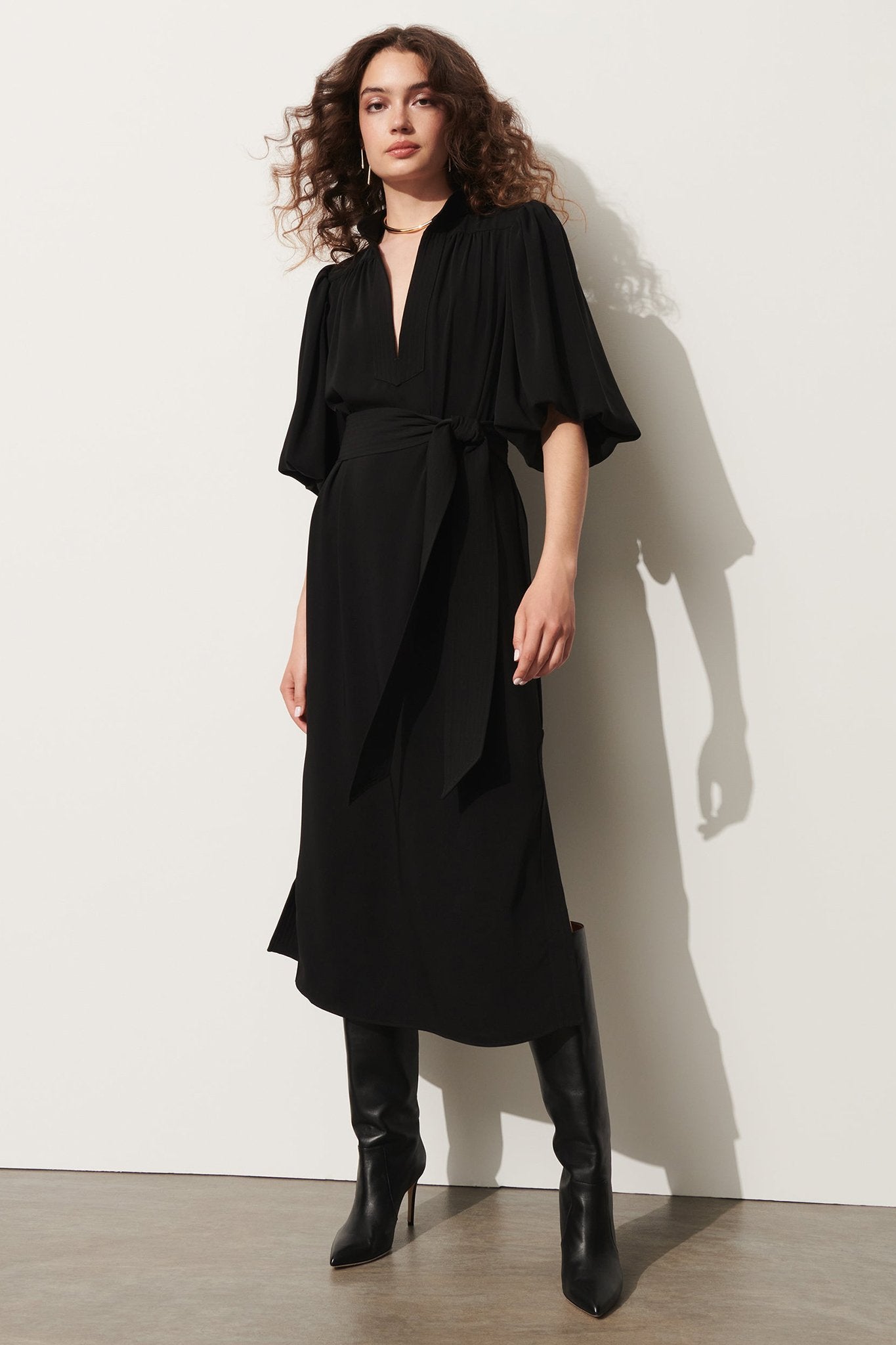 Belted Puff-Sleeve Midi Shirtdress