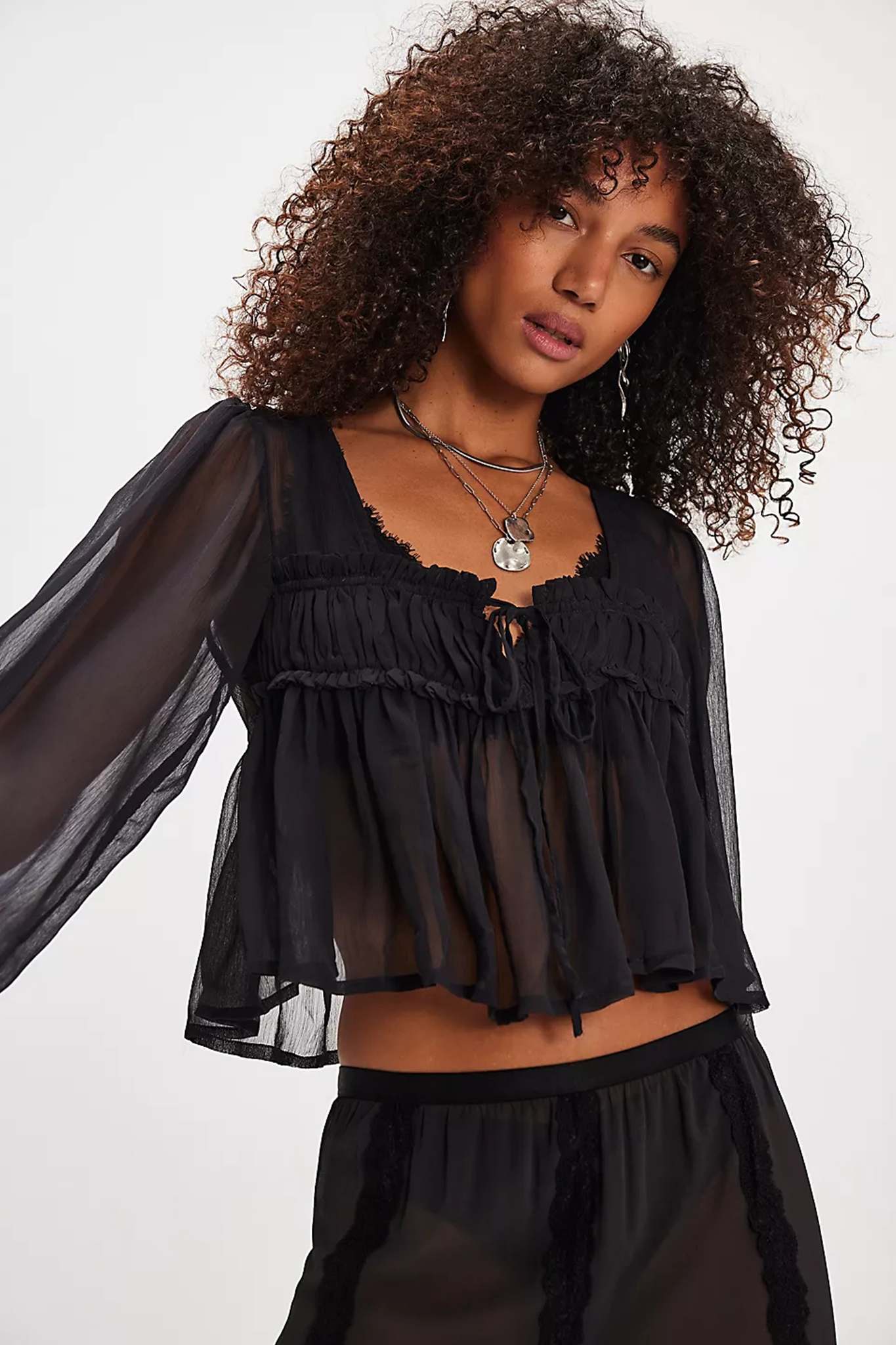 Black Chiffon Tie Front Blouse