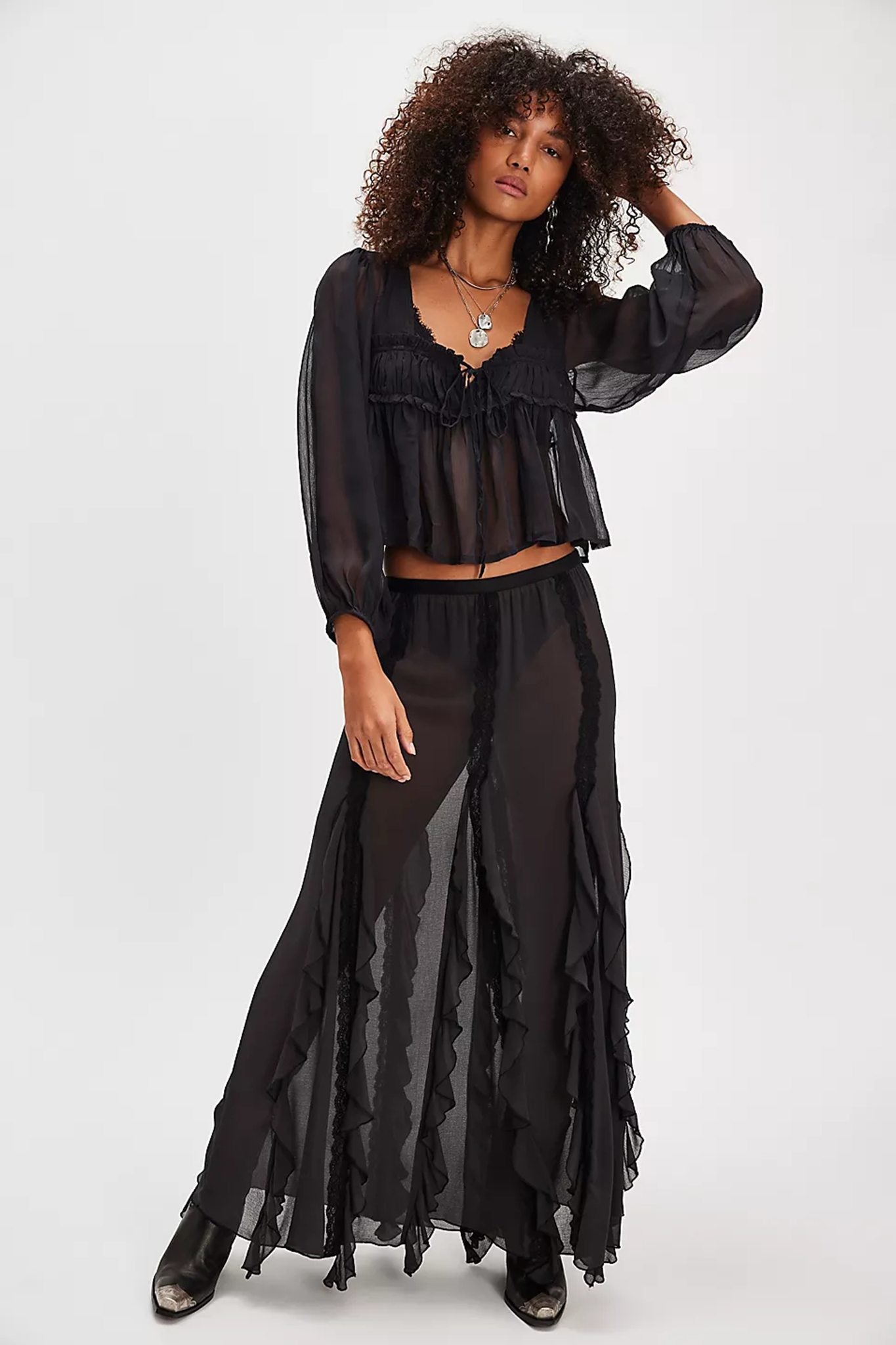 Black Chiffon Tie Front Blouse