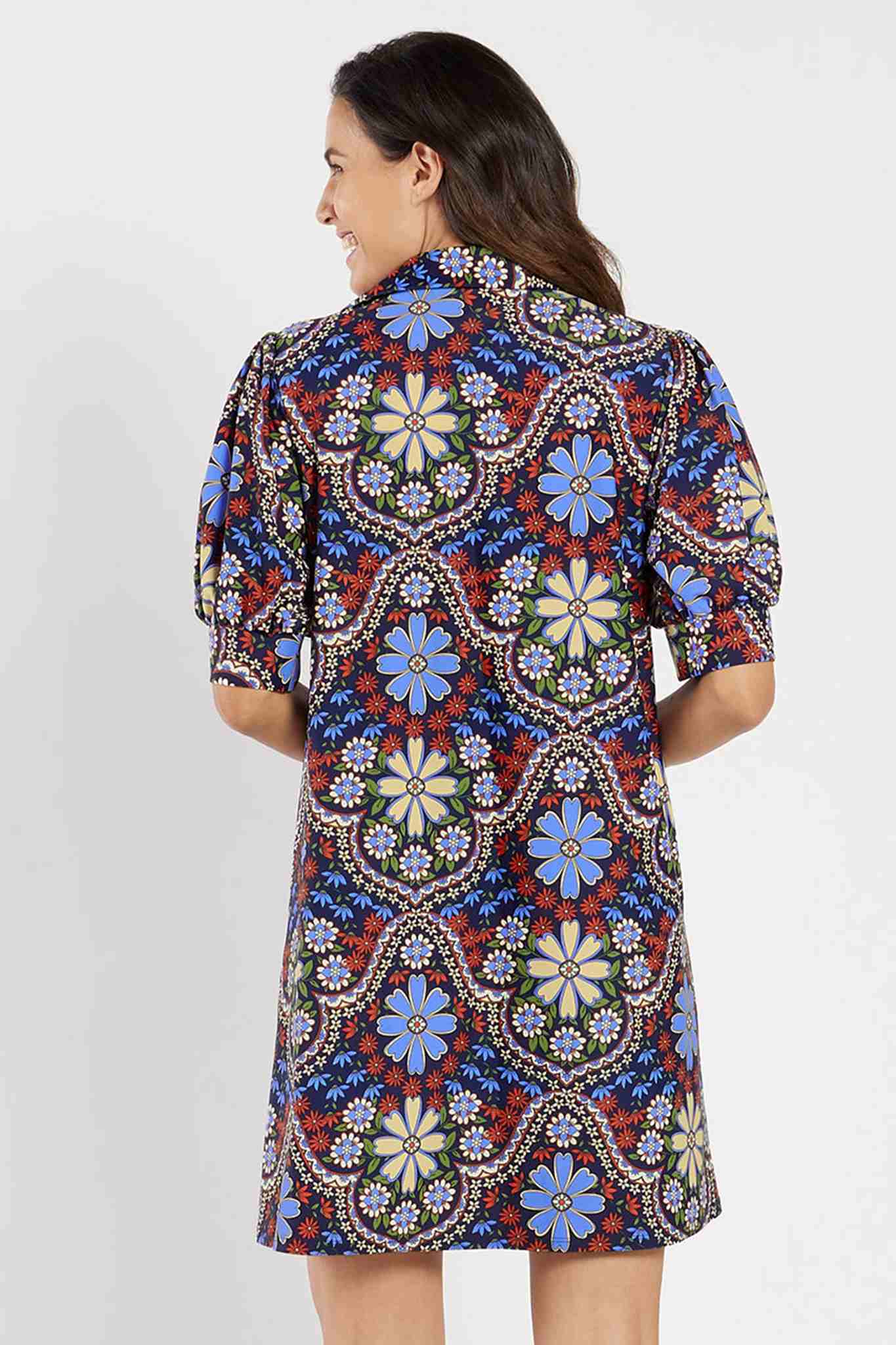 Print Puffed Sleeve Shift Dress